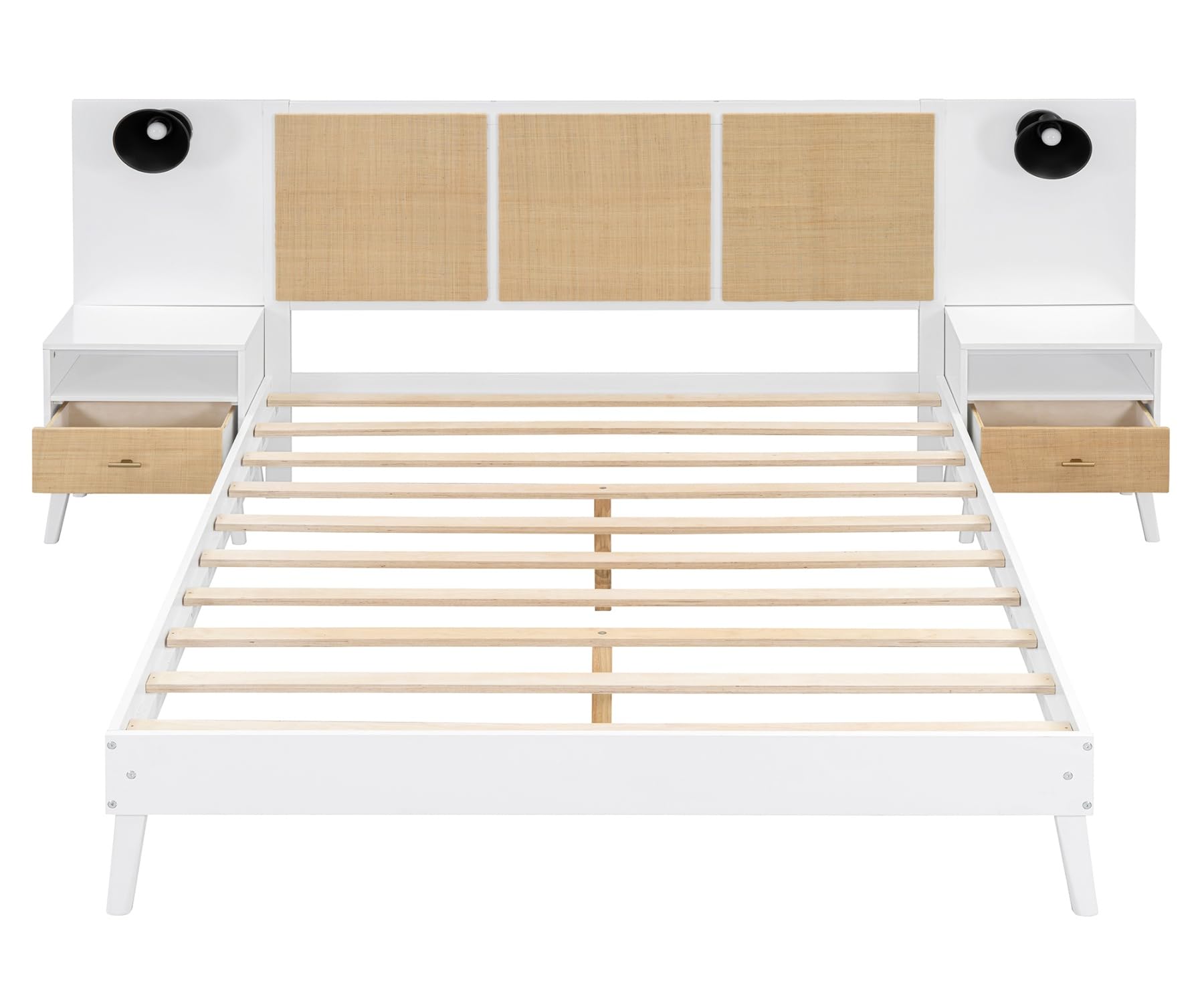 Merax Queen Size Bed Frame with 2 Nightstands & Headboard - Solid Wood & Rattan Platform Bed with Storage Drawers, No Box Spring Needed (White) - Perfect for Modern Bedroom, Guest Room or Small Space