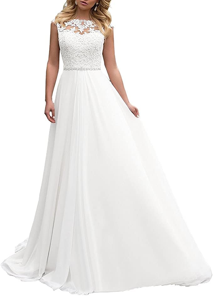 Vintage Lace Wedding Dresses for Women - A-Line Beach Bridal Gown with Beaded Belt | Perfect for Beach Weddings, Outdoor Ceremonies & Boho Bridal Style
