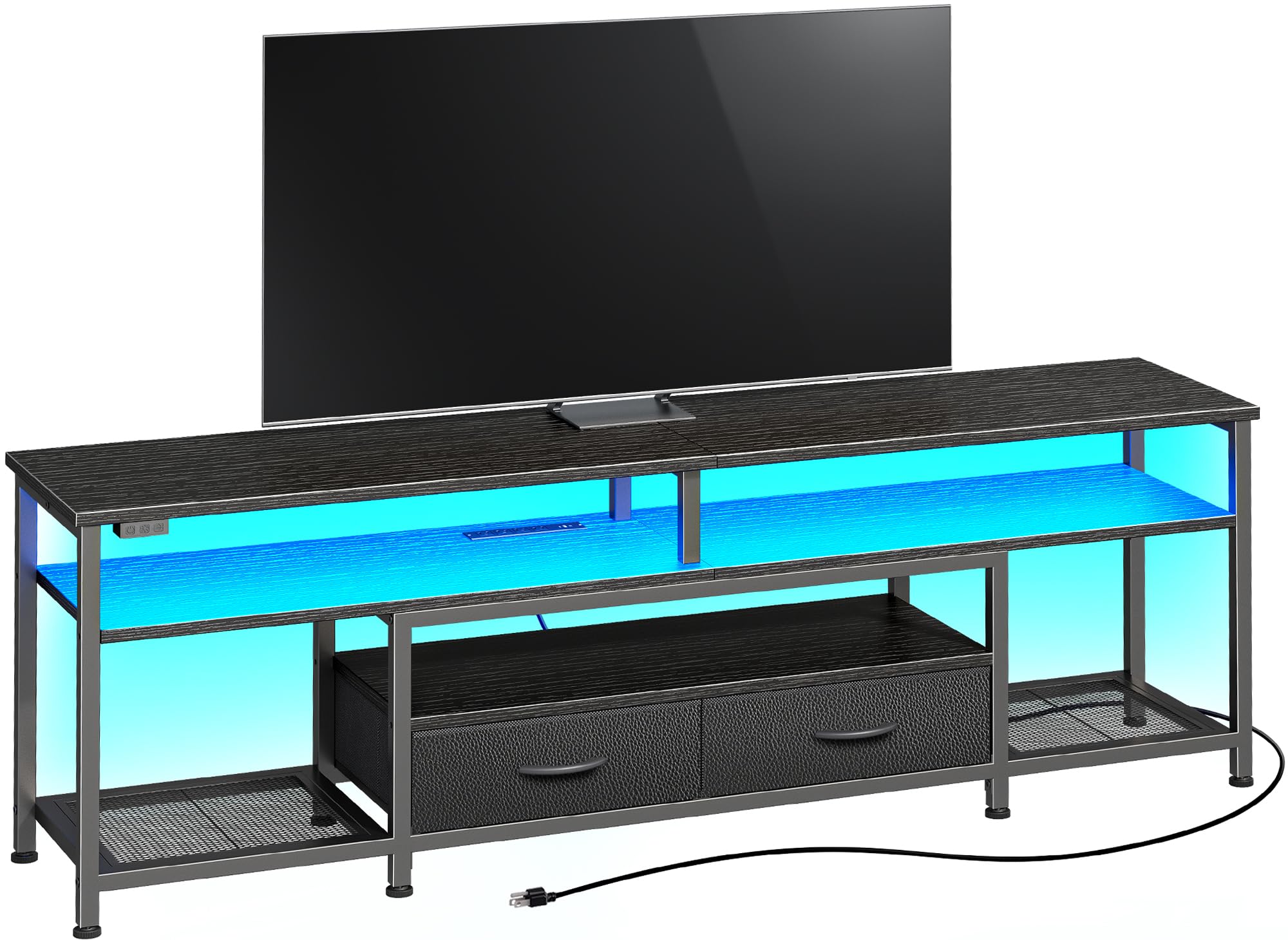 Huuger 65-70 Inch TV Stand with Power Outlets & LED Lights - Modern Entertainment Center with Storage Drawers & Shelves - Black Media Console for Living Room, Home Theater & Gaming Setup