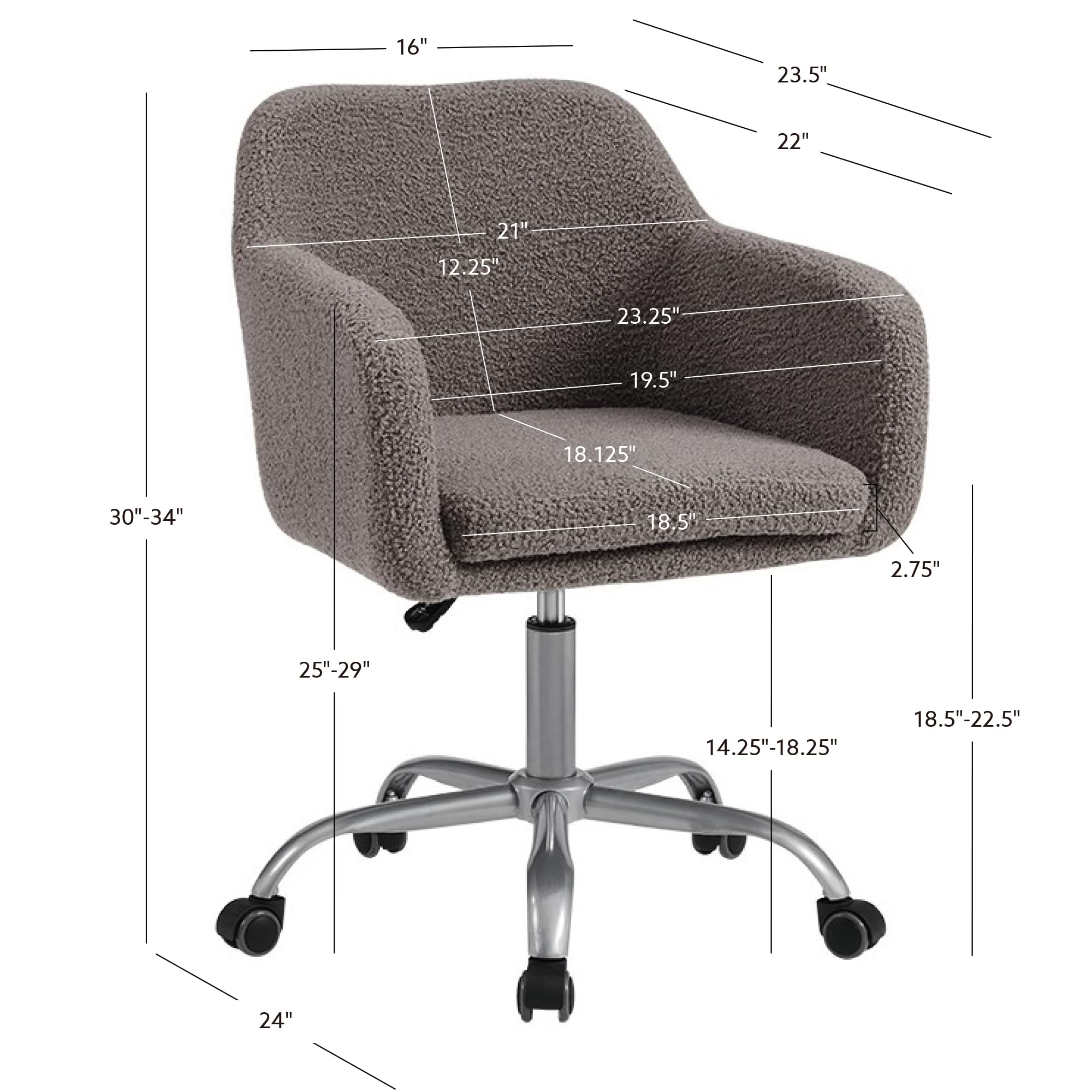 Linon Grey Upholstered Adjustable Brooklyn Office Chair - Ergonomic Desk Chair with Lumbar Support for Home & Office Workspace, Gaming, and Study