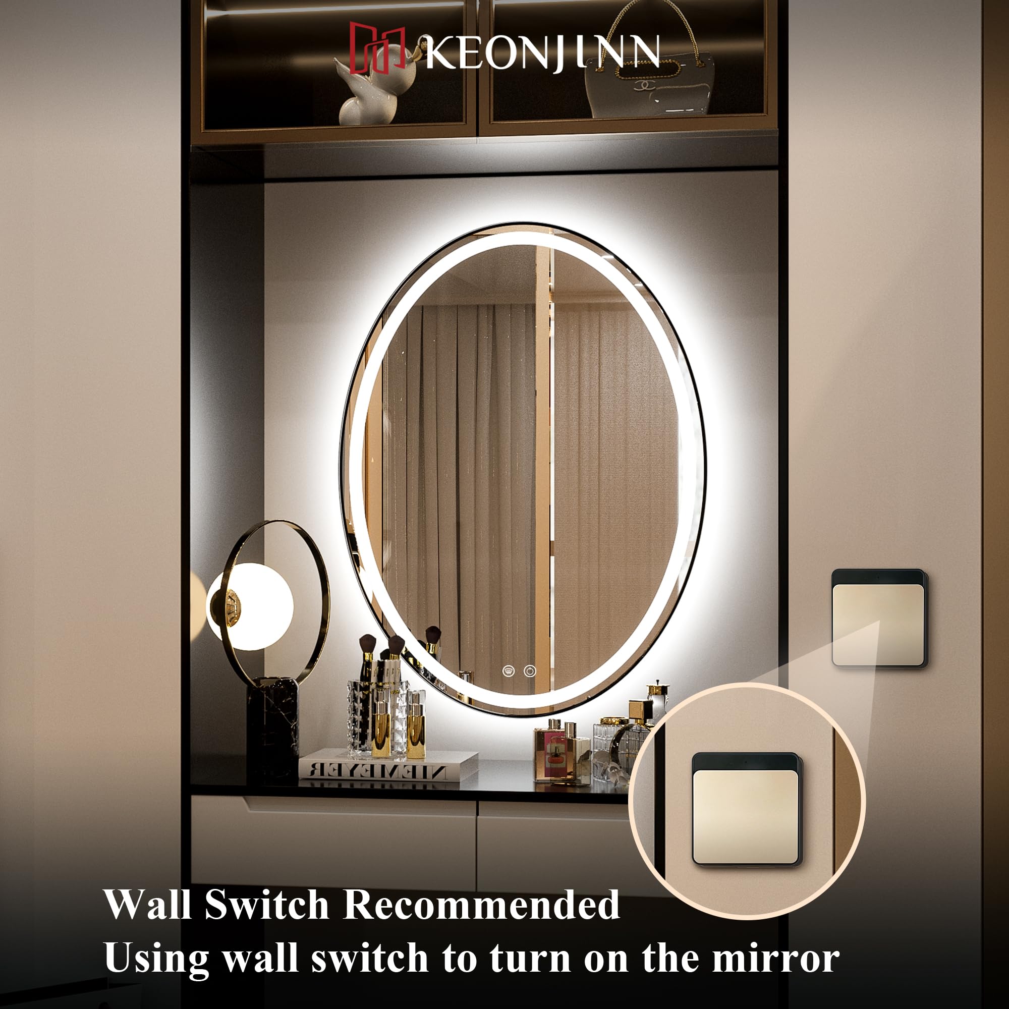 Keonjinn 24 x 32 Inch Oval LED Bathroom Mirror with Anti-Fog & Shatter-Proof Design, Frontlit Vanity Mirror with CRI 90+ Lighting - Perfect for Makeup, Shaving & Home Decor