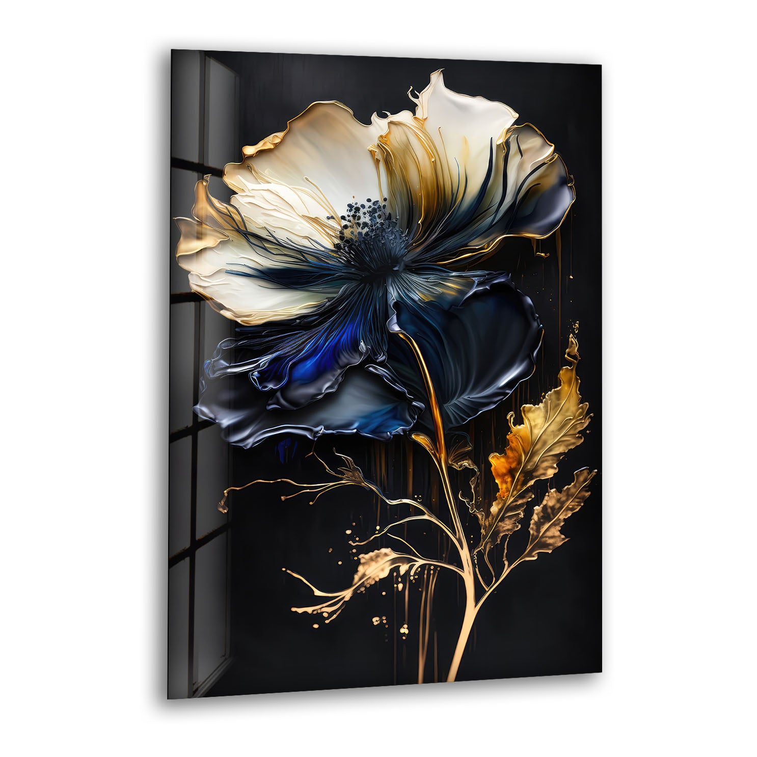Blue and Gold Floral Wall Art - Elegant Dark Botanical Glass Print for Modern Luxury Home Decor | Perfect for Living Room, Bedroom & Office Wall Decor