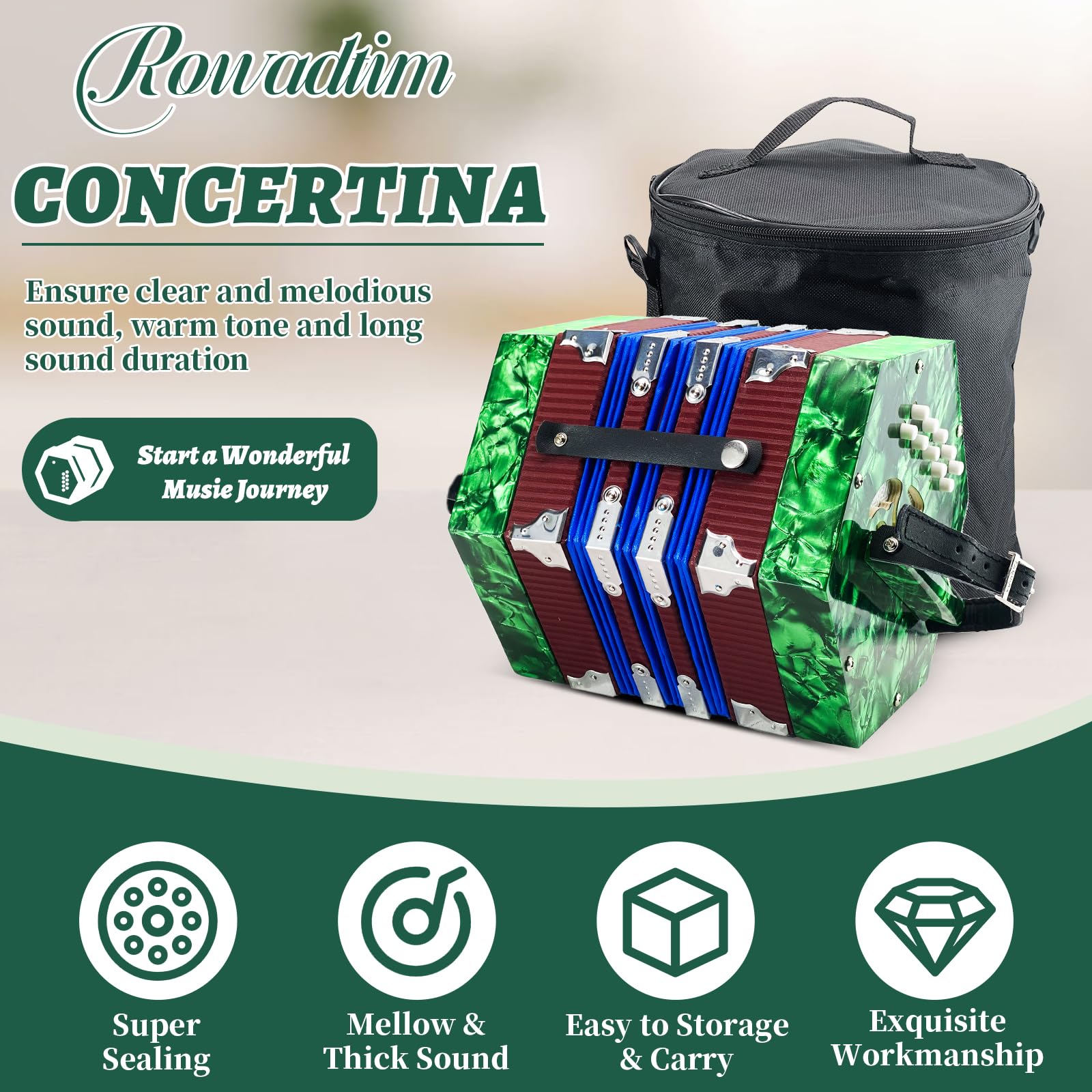 20-Key Professional Concertina Accordion for Adults & Beginners - Adjustable Hand Straps, Green - Perfect for Folk Music, Irish Sessions & Live Performances