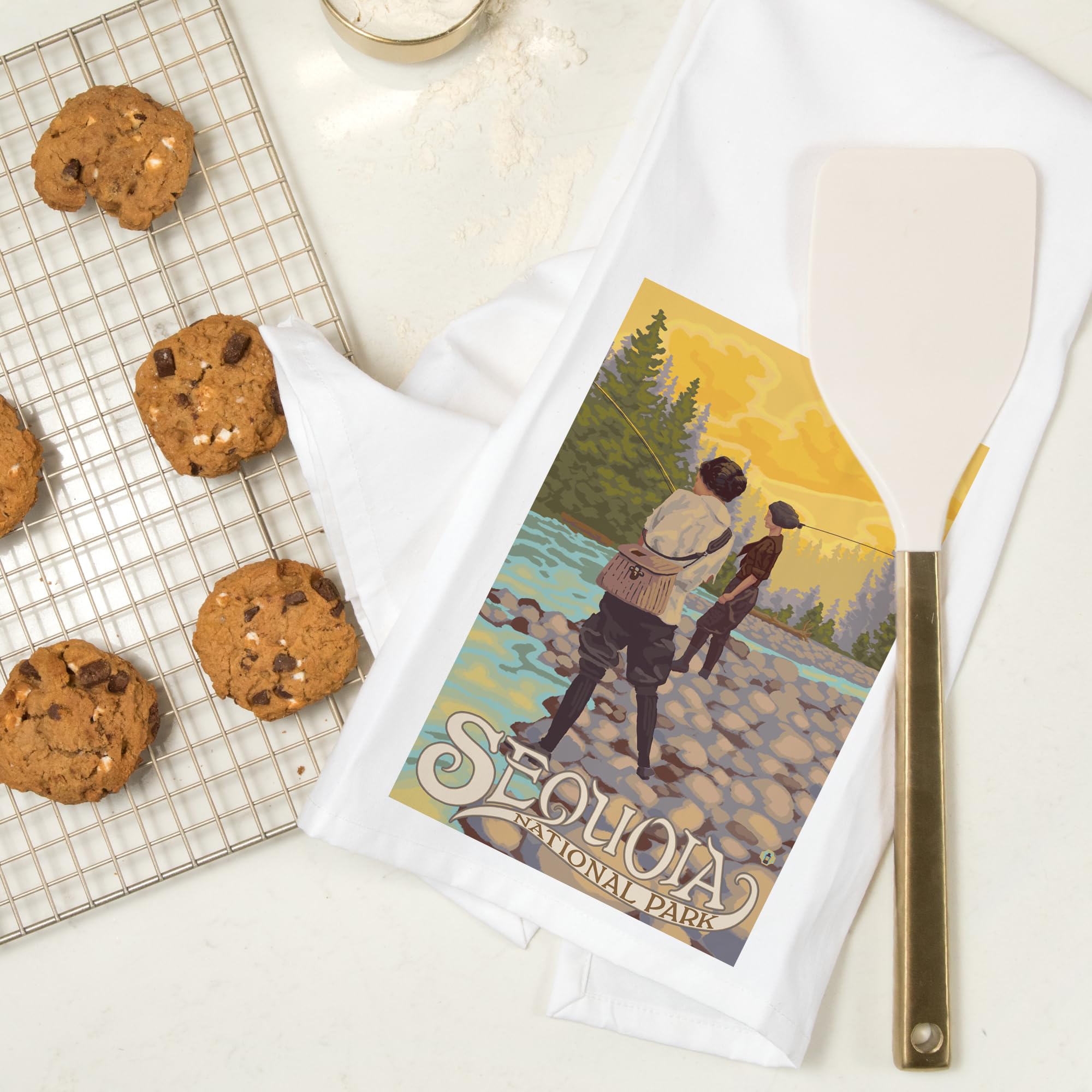 Lantern Press Sequoia National Park Women Fishing Tea Towel - 100% Cotton Decorative Hand Towel for Kitchen, Home Decor & Gifts - Perfect for Dish Drying, Wall Art & Cozy Cabin Decor