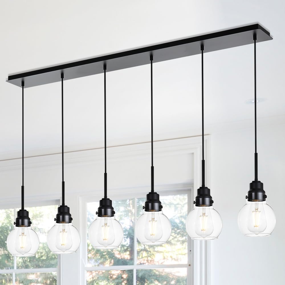 VINLUZ 6-Light Adjustable Black Rustic Farmhouse Pendant Lighting with Clear Glass Shade - Kitchen Island Chandelier for Dining Room, Cafe & Bar Ceiling Decor
