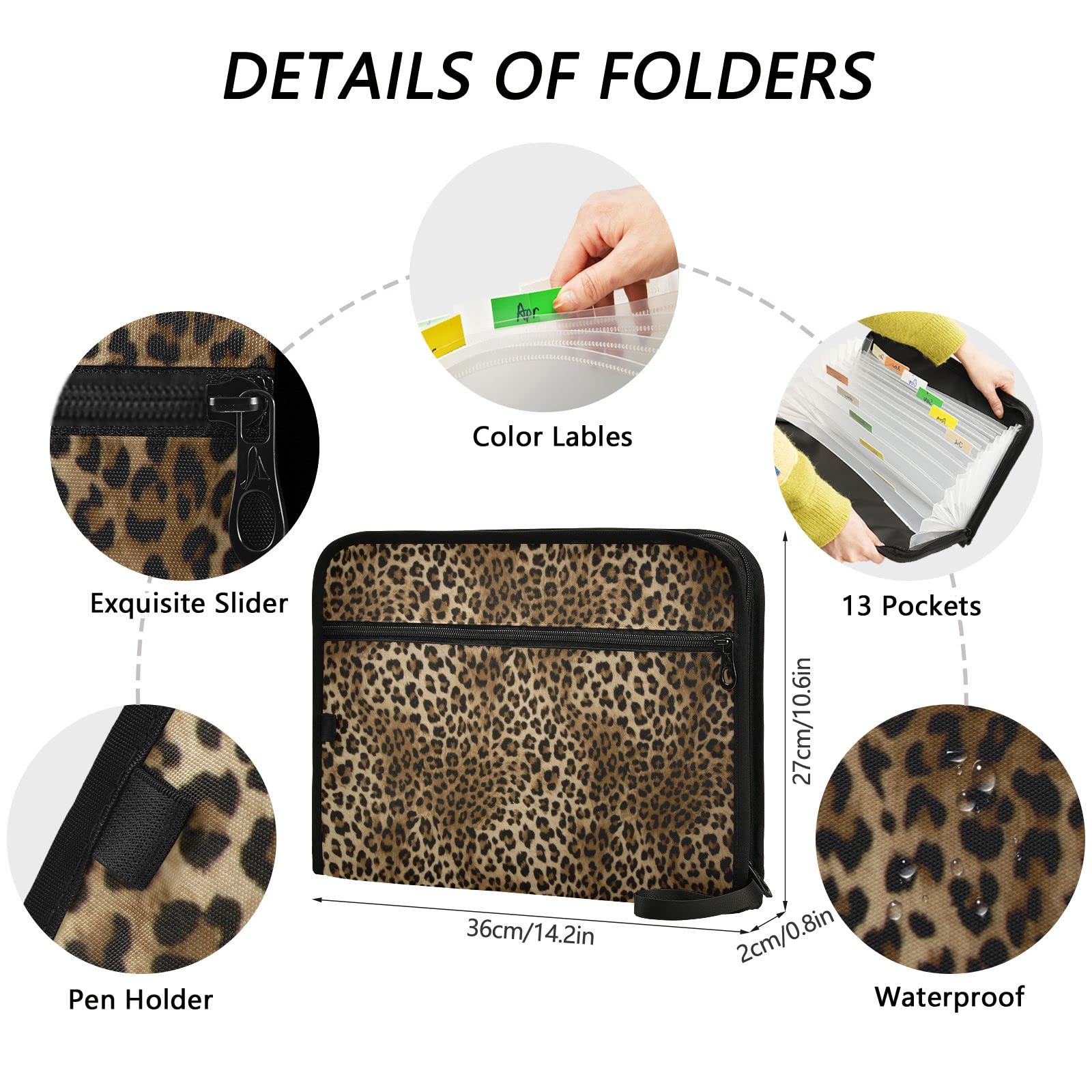 Kcldeci 13-Pocket Leopard Print Expanding File Folder - Accordion Document Organizer with Zipper Closure for A4/Letter Paper - Perfect for Office, School & Home Organization