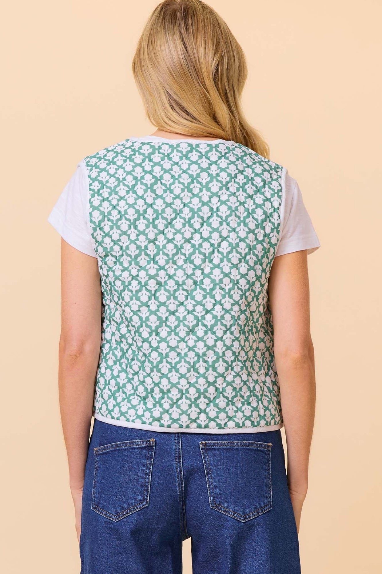 Arlo Quilted Organic Cotton Gilet Vest for Women - Flower Stamp Sage/White - Lightweight Layering Piece for Fall & Winter Fashion