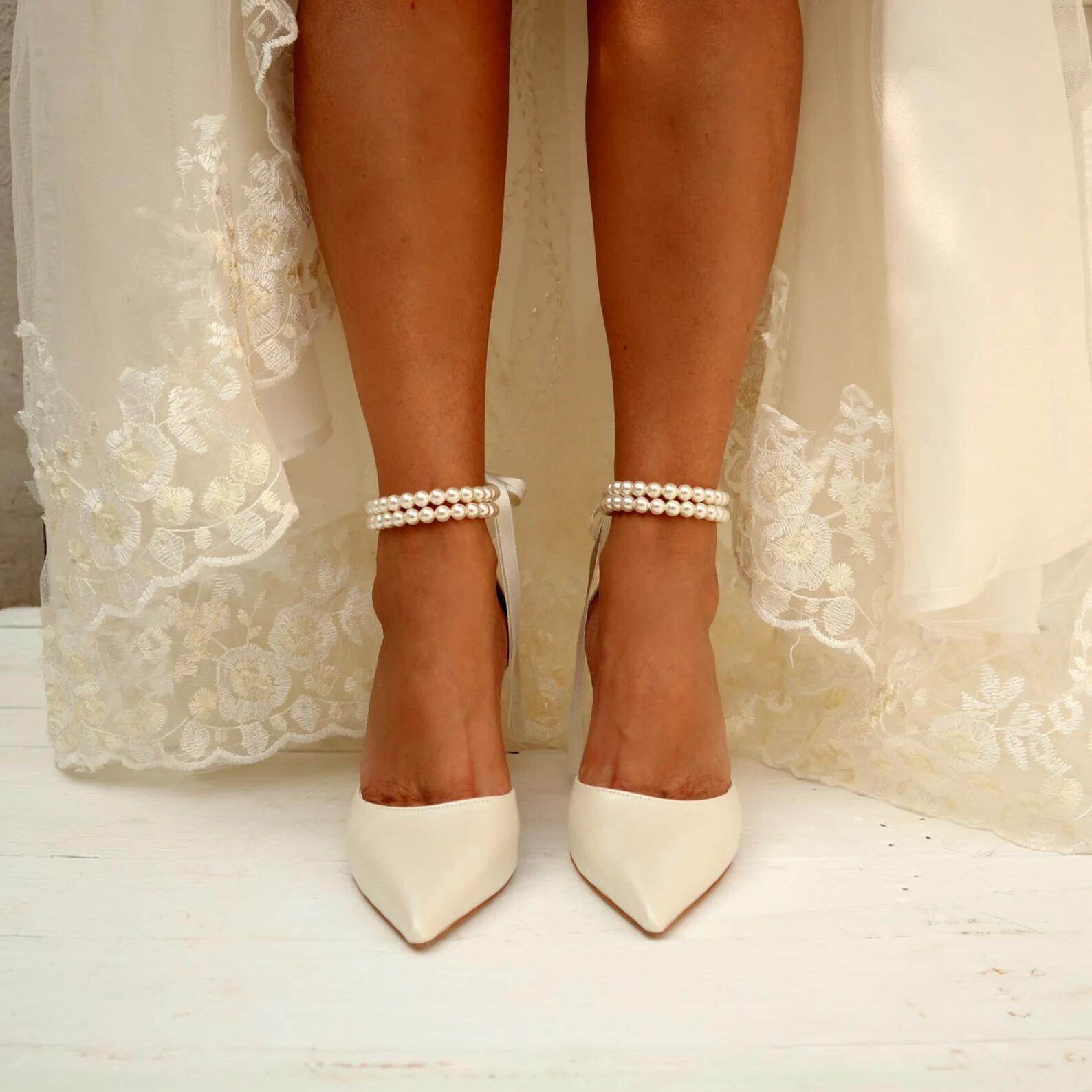 Pearl White Satin Pointy Toe Block Heels for Women - Elegant Wedding & Party Shoes - Comfortable High Heels for Bridal, Prom, Evening Events