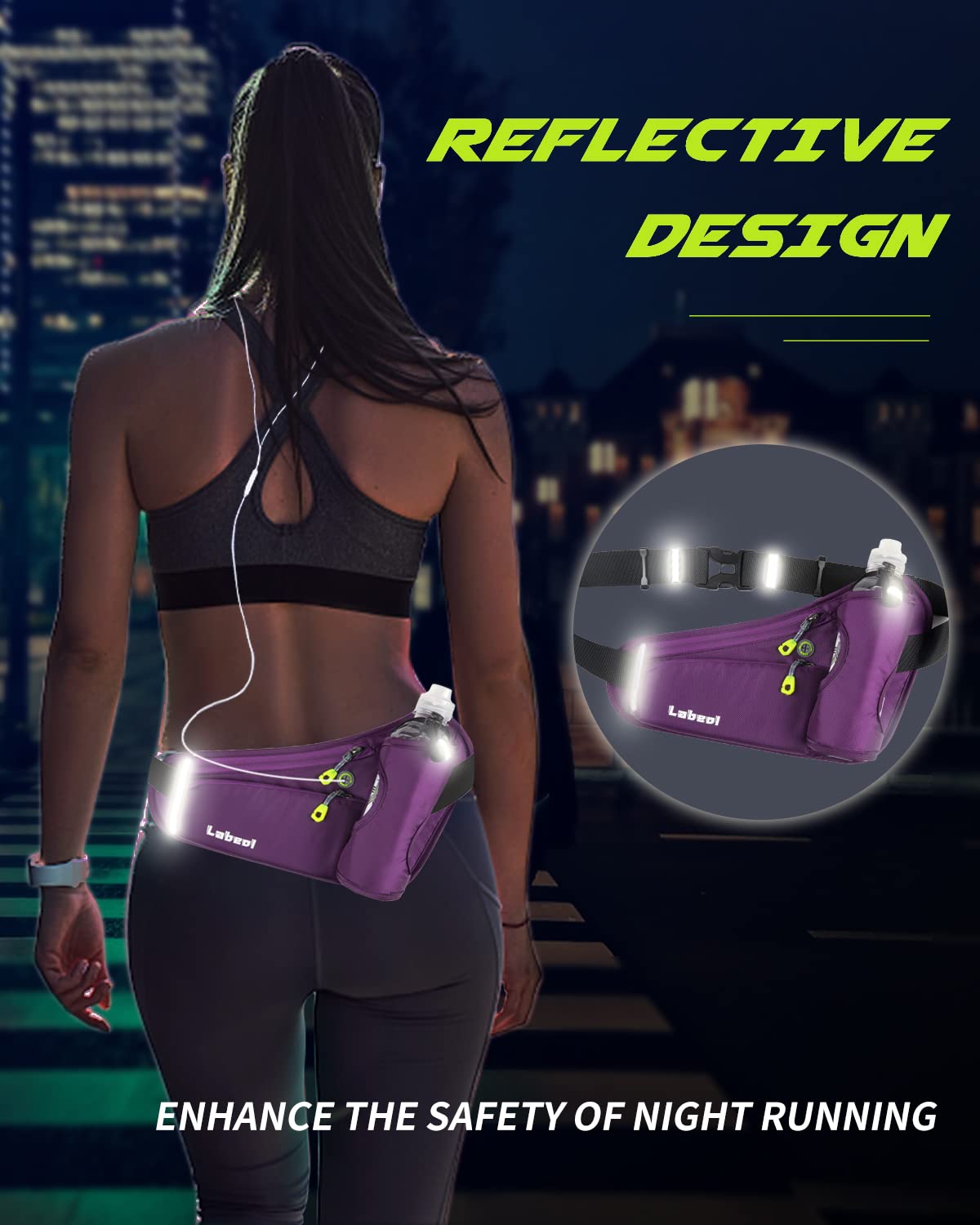 Labeol Adjustable Running Belt with Water Bottles - 2 Zipper Pockets Hydration Waist Pack for Men & Women - Lightweight Fanny Pack for Hiking, Climbing, Jogging & Outdoor Activities (Purple)