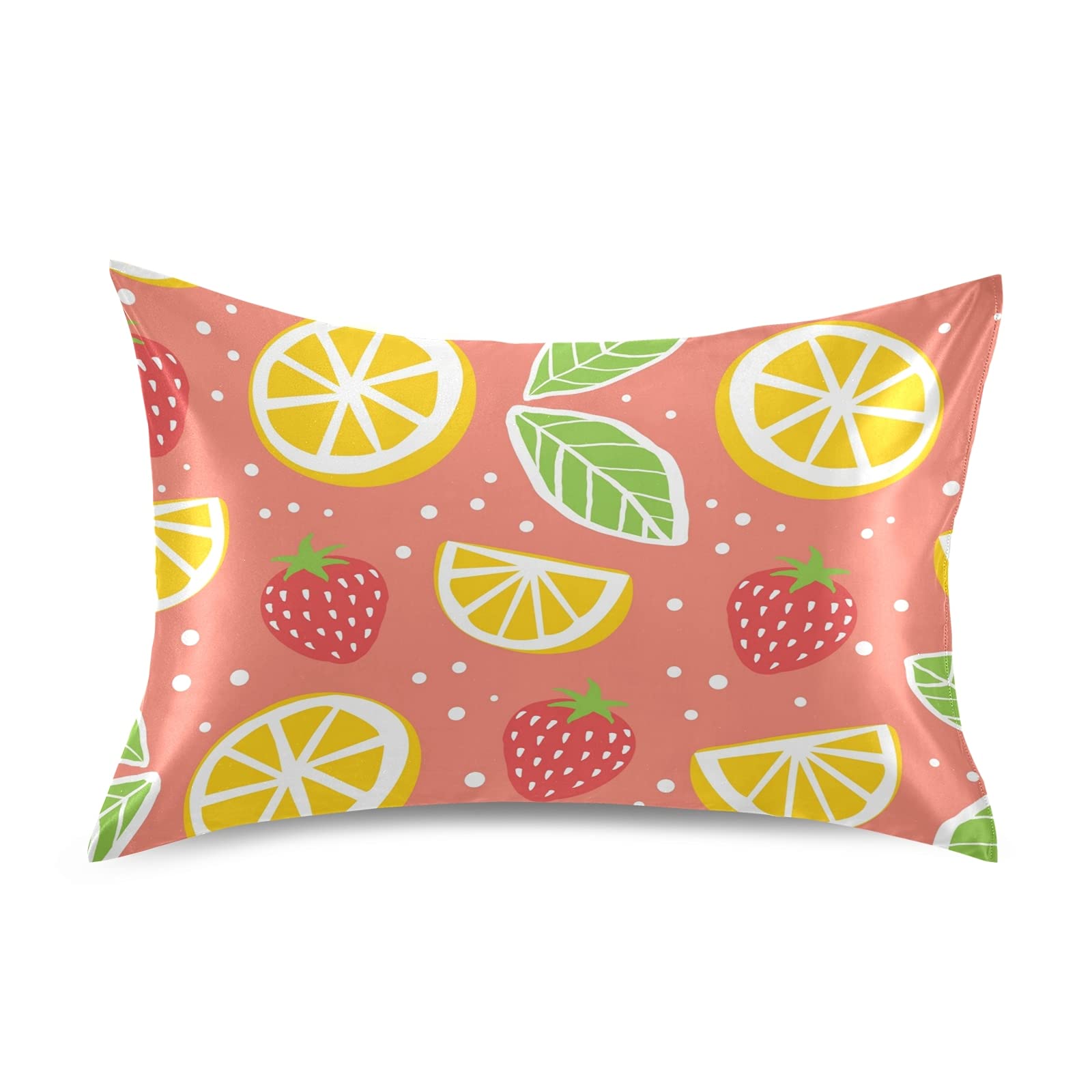 Luxury Satin Pillowcase with Envelope Closure - Soft Silky Pillow Cover for Hair & Skin Care - Pink Lemon & Strawberry Print Home Decor - Perfect for Bedroom, Living Room, Guest Room & Spa Relaxation