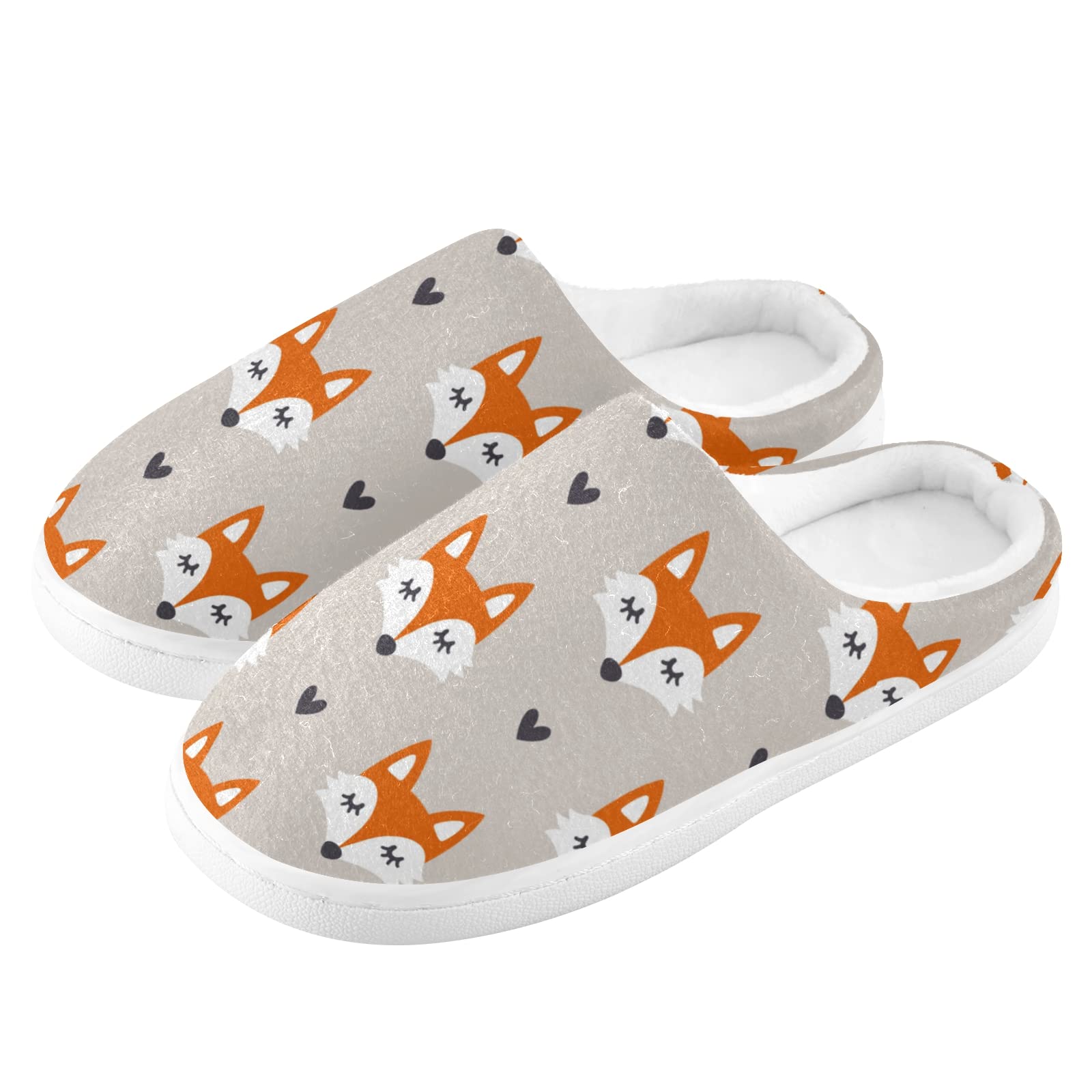 Cozy Fuzzy Slippers for Women & Men - Fox Pattern Hand Drawn Forest Animals with Hearts - Memory Foam Sole, Warm Soft Lightweight Anti-Slip Indoor House Shoes - Perfect for Winter, Bedroom, Home & Lounge Wear