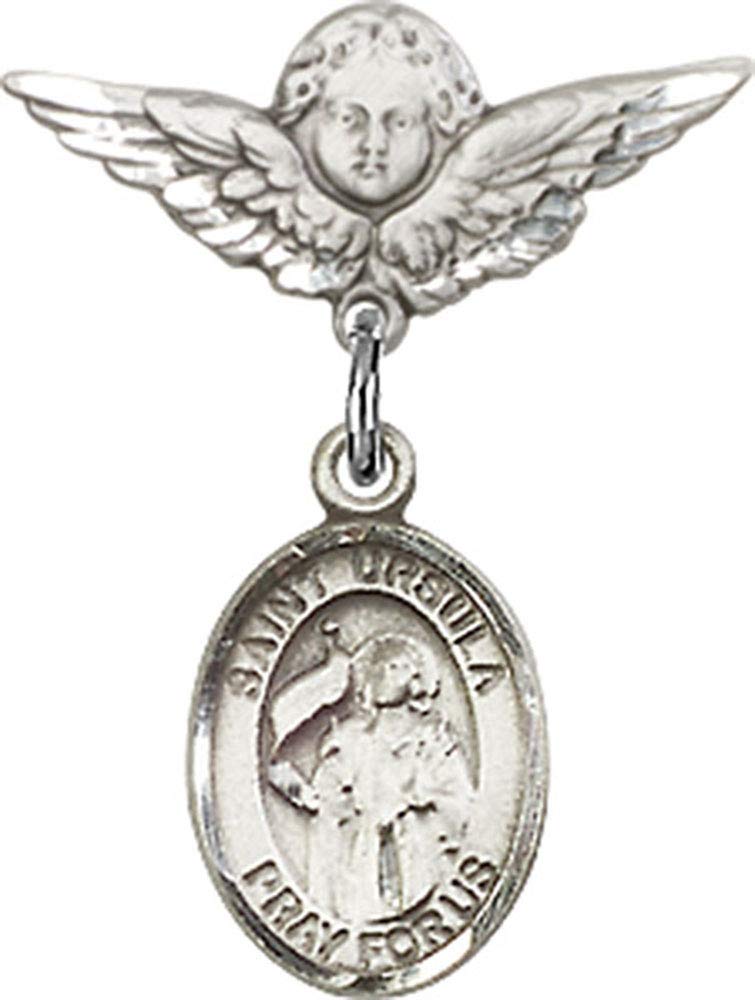 Sterling Silver Baby Badge Pin with St. Ursula Charm & Angel Wings - Handmade in USA | Perfect for Christening Gifts, Baby Showers & First Communion Jewelry