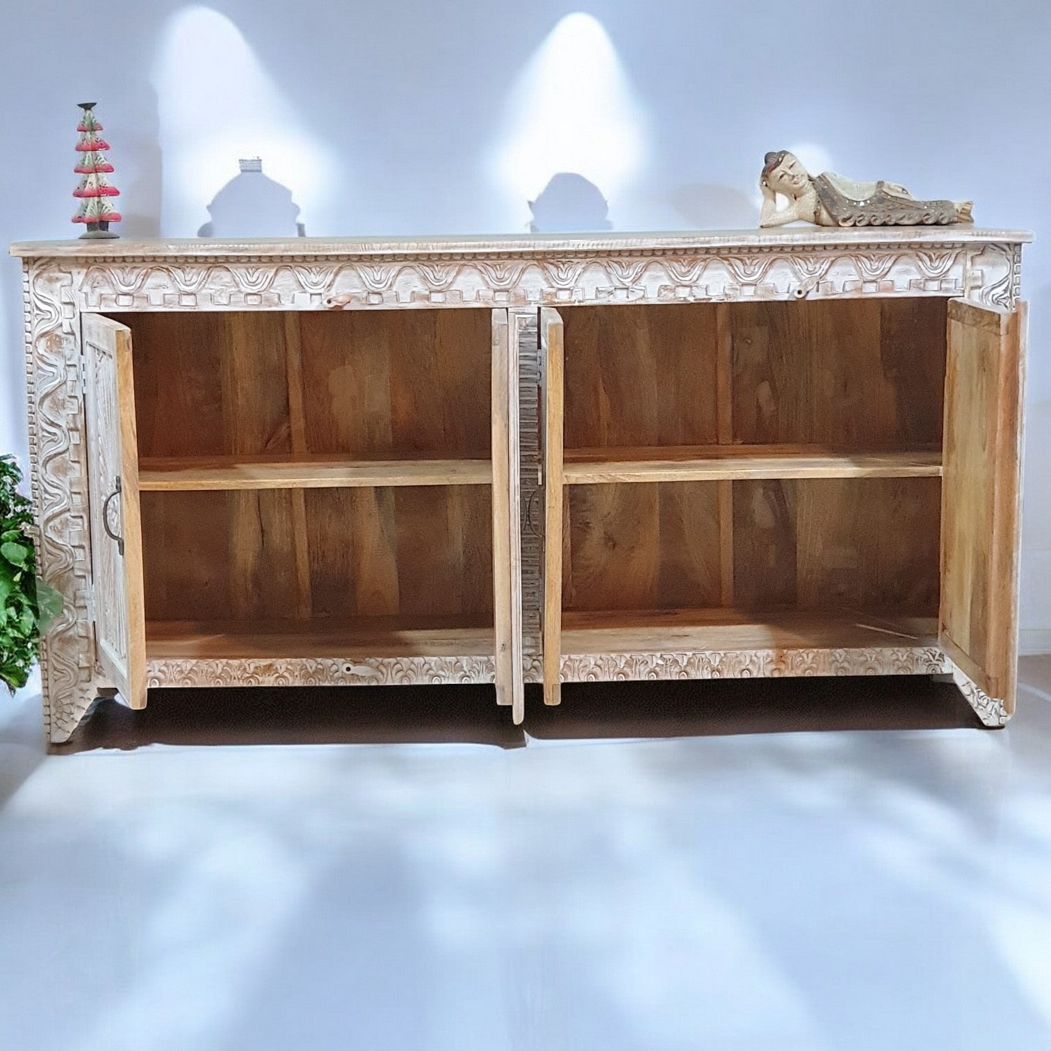 Handmade Carved Indian Mango Wood 4-Door Sideboard Buffet Cabinet 180x40x90cm Whitewash Finish - Perfect for Dining Room Storage, Living Room Decor & Rustic Home Furniture