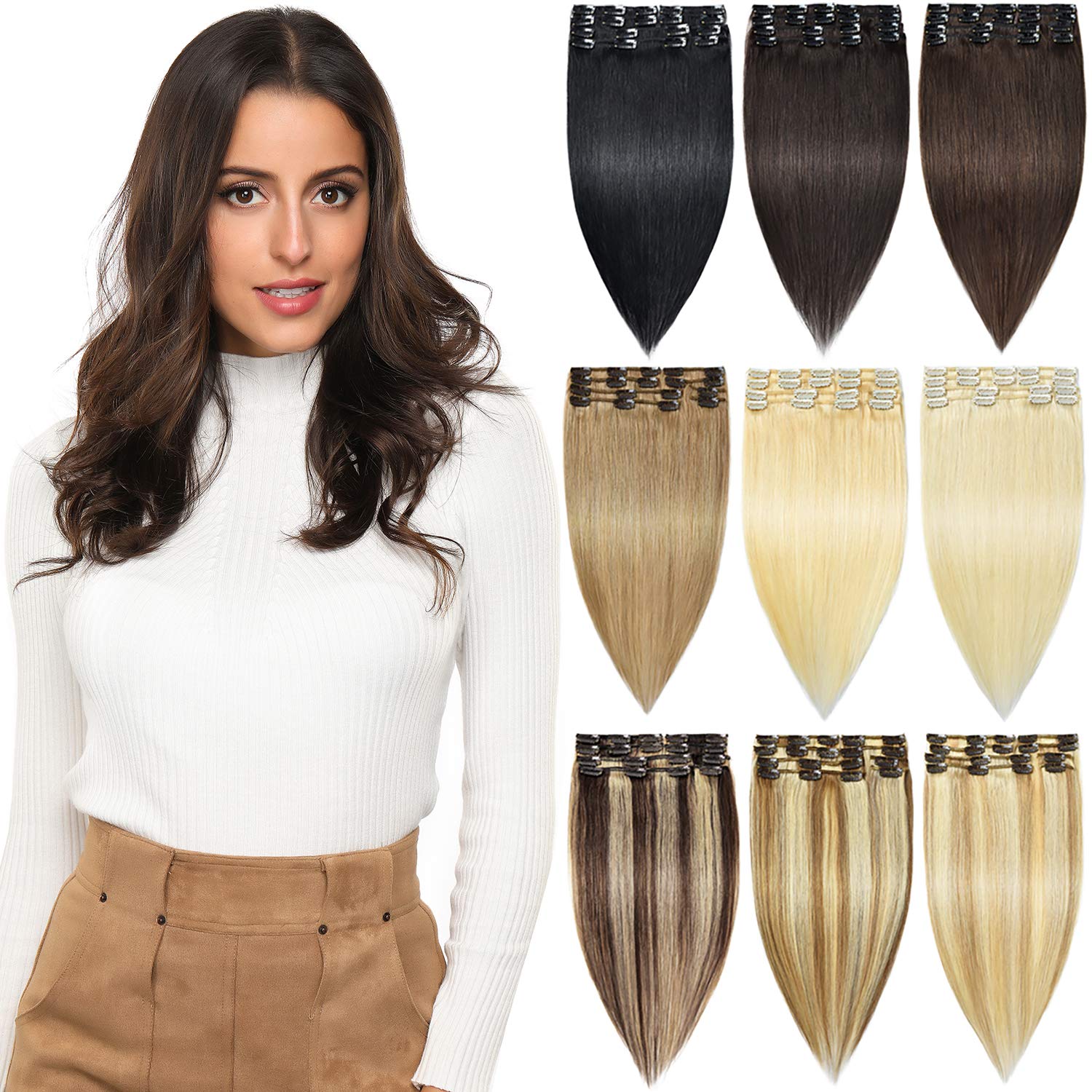 Rose Bud Clip-in Hair Extensions 8Pcs - 100% Remy Human Hair, 18 Clips, 65g/Set, 16 Inch Dark Blonde for Volume & Length - Perfect for Weddings, Parties & Daily Styling