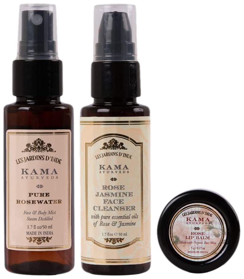 1. Kama Ayurveda Rose Lip Balm 5g - Natural Moisturizing Lip Care for Dry & Chapped Lips - Perfect for Daily Use & Travel    2. Kama Ayurveda Pure Rose Water 50ml - Alcohol-Free Facial Toner for Hydration & Skin Refreshment - Ideal for Morning & Night Skincare Routine    3. Kama Ayurveda Rose & Jasmine Face Cleanser 50ml - Gentle Foaming Cleanser for Glowing Skin - Great for Sensitive & Combination Skin Types