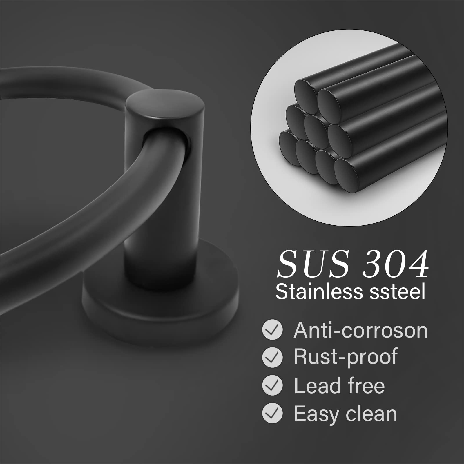 Stainless Steel Wall Mounted Towel Ring Holder - 304 SUS Black Bathroom Towel Hanger for Hand & Face Towels | Durable Round Towel Rack for Bathroom, Kitchen & Laundry Room Organization