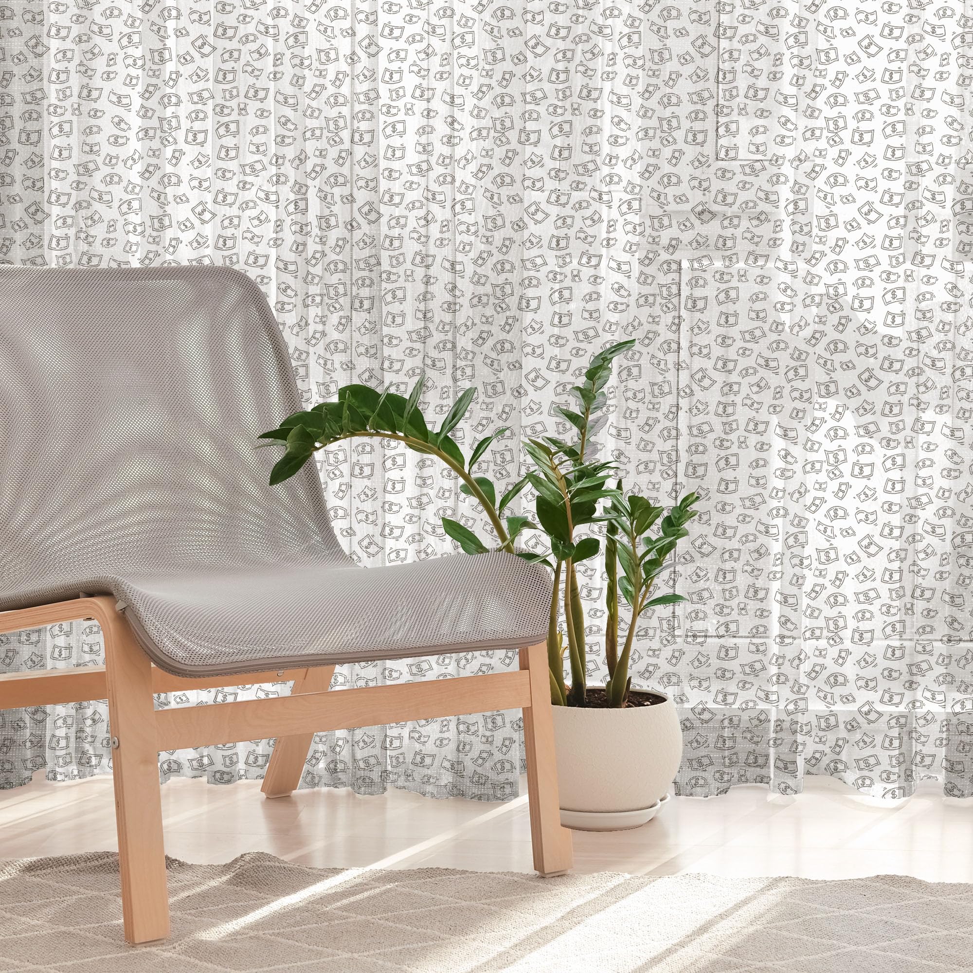 Ambesonne Black & White Money Design Tulle Curtains - Sketch Style Monochrome Raining Dollar Bills Sheer Drapes with Rod Pocket (108x72 Inch, 2 Panels) - Perfect for Wedding Decor, Party Backdrops & Themed Room Design