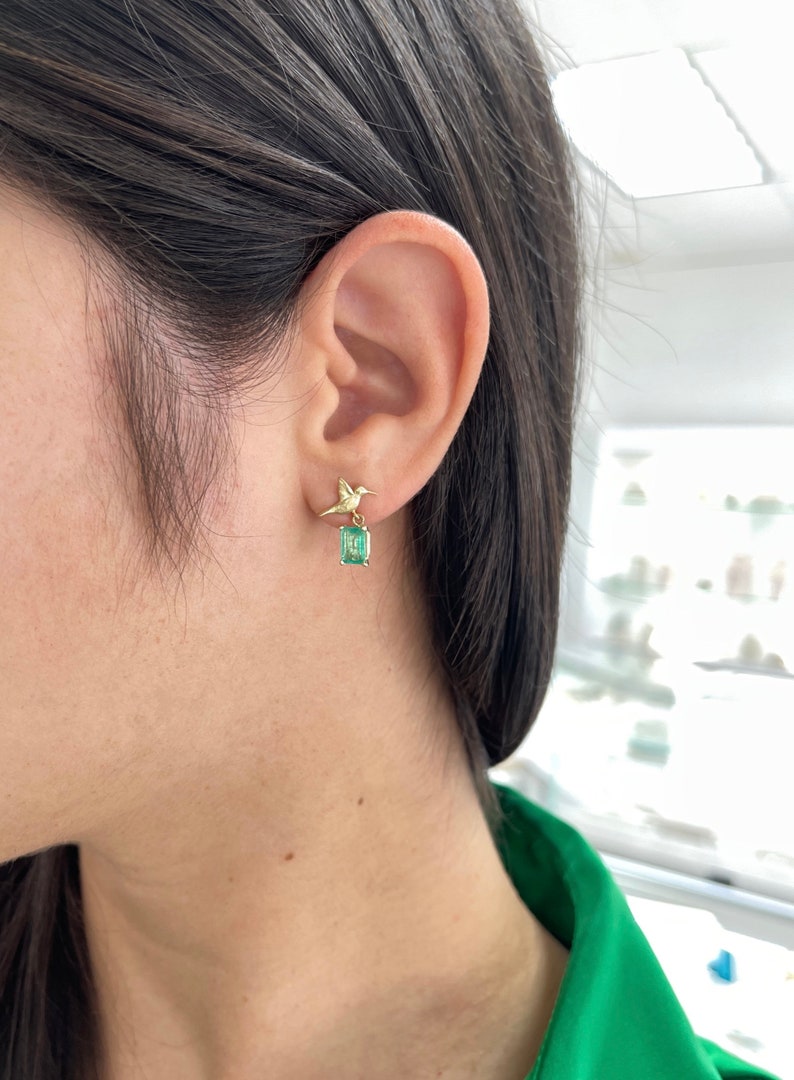 14K Gold Natural Emerald & Hummingbird Dangle Stud Earrings - 1.90tcw Elegant Jewelry for Women, Perfect Gift for Birthday, Anniversary & Special Occasions