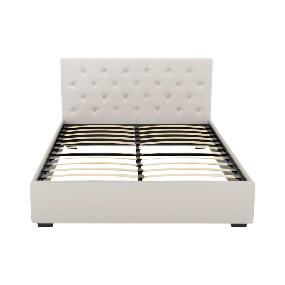Dorilla Gas Lift Storage Double Bed Frame with Hydraulic Mechanism - Beige Upholstered Platform Bed for Guest Room, Bedroom & Small Spaces