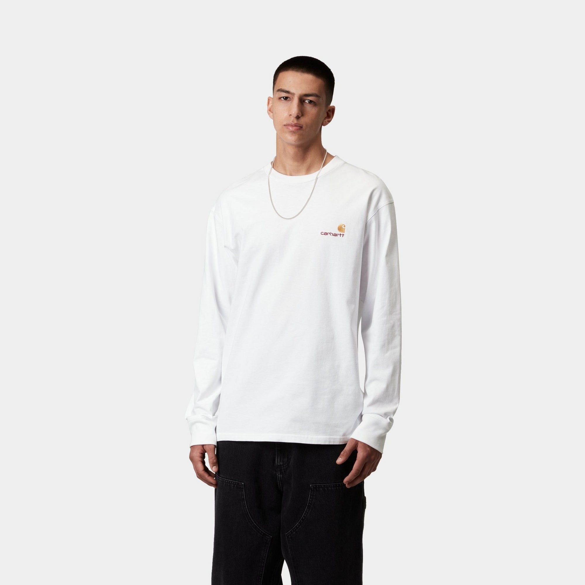 Vintage American Script Long Sleeve T-Shirt for Men & Women | Soft Cotton White Crewneck Tee | Casual Wear, Street Style, Layering Essential