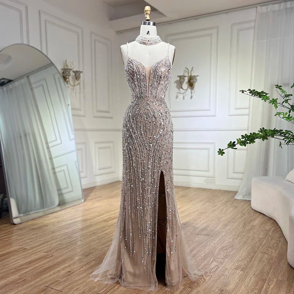 Elegant Silver Nude Mermaid Evening Dress with Beaded Spaghetti Straps & Split Design - Women's Prom Gown for Parties, Galas & Special Occasions 2025 (Style LA72047B) - Perfect for Formal Events, Wedding Receptions & Red Carpet Occasions