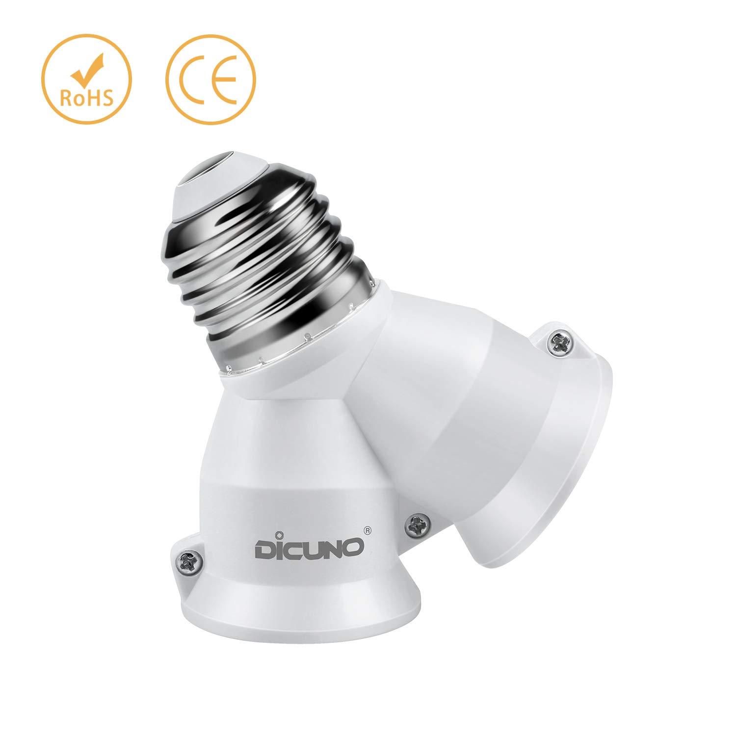 DiCUNO 2-in-1 E26 Socket Splitter Adapter - Convert 1 Socket to 2 Bulbs, Y-Shaped Medium Base Lamp Holder, 200W Max & 165℃ Heat Resistant - Perfect for Bedroom, Living Room & Office Lighting (2-Pack)