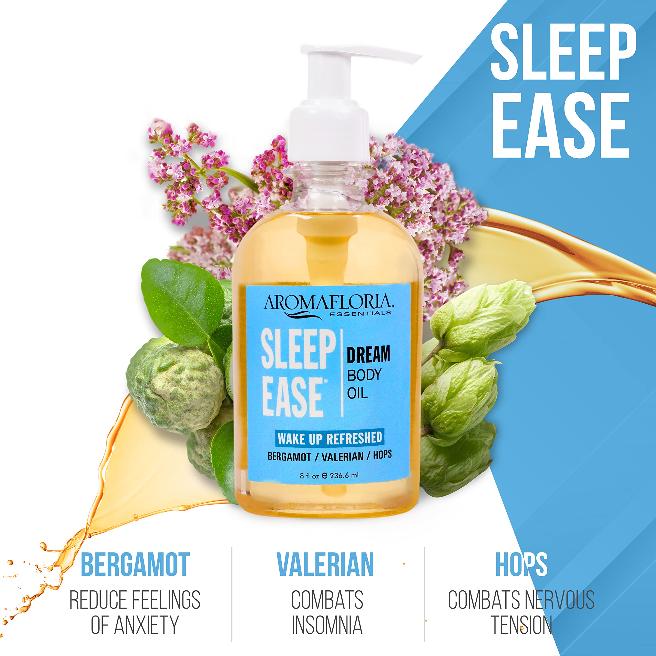 Sleep Ease Dream Body Oil with Bergamot, Valerian & Hops - Best Relaxing Massage Oil for Men & Women - 8 fl oz Bottle - Perfect for Aromatherapy, Stress Relief & Bedtime Relaxation