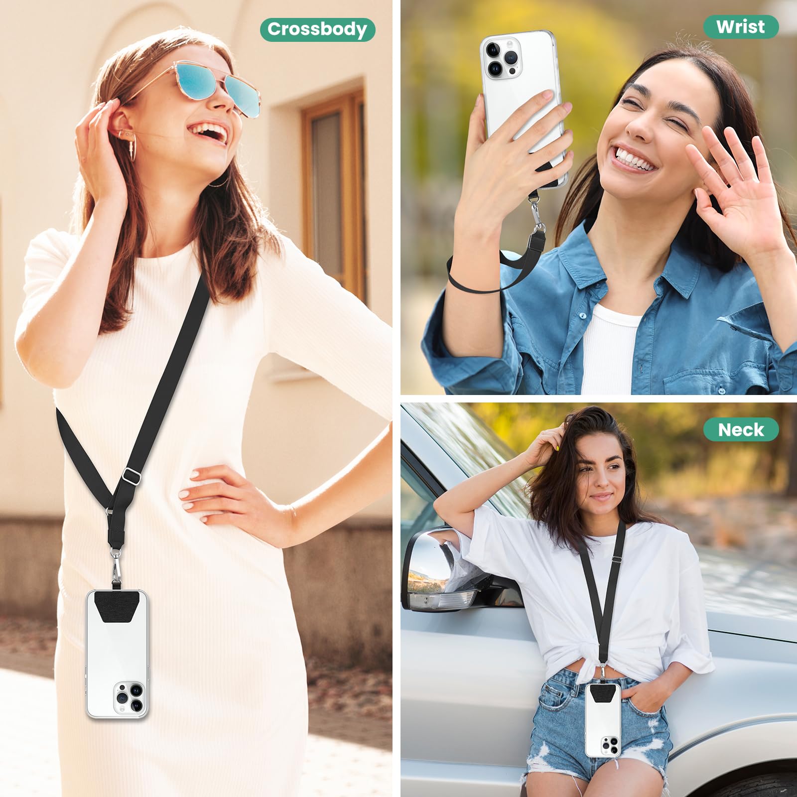 Adjustable Phone Lanyard Neck & Wrist Strap with 4 Patches - for Smartphones (Black) - Perfect for Work & Travel