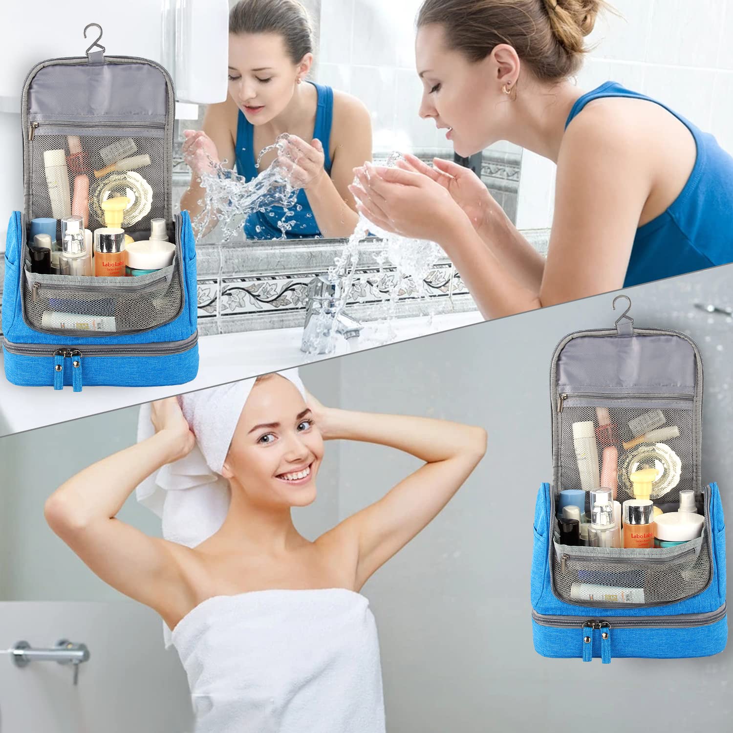Large Travel Toiletry Bag for Women & Men - Waterproof Cosmetic Organizer with 2-Layer Dry/Wet Separation Design - Ideal for Bathroom, Gym, Camping & Air Travel (Blue)