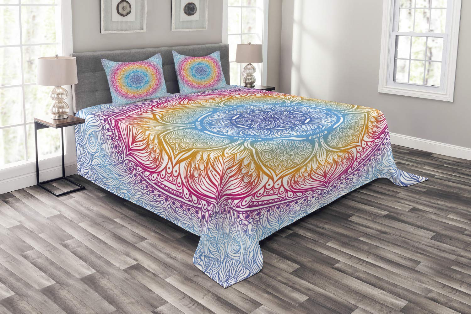 Ambesonne Ethnic Bedspread Set - Vibrant Boho Round Blooms Lotus Design, 3-Piece Decorative Bedding Coverlet with 2 Pillow Shams, King Size, Multicolor | Perfect for Bohemian Bedroom Decor, Guest Room Styling & Unique Home Accents