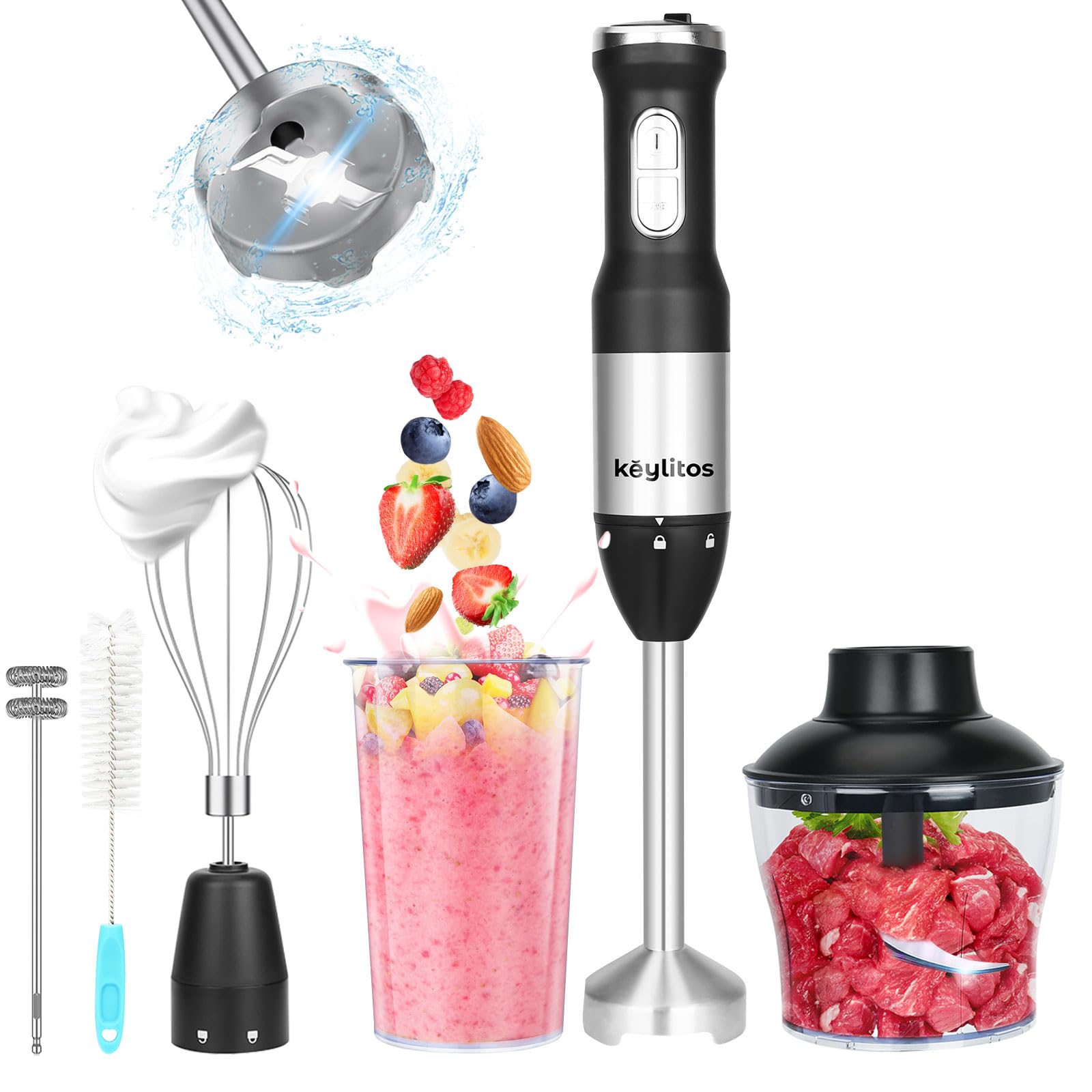 Keylitos 5-in-1 Immersion Hand Blender Mixer Set - 600W Upgraded Stick Blender with 600ML Food Chopper, 800ML Mixing Beaker, Whisk & Milk Frother - Perfect for Smoothies, Baby Food, Sauces, Puree, Soup - Ideal for Kitchen, Home Cooking & Meal Prep (Black)