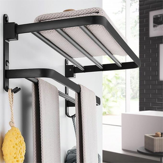 Premium Stainless Steel Bathroom Clothes Hanger & Towel Rack - 18 Inch Durable Black Bathroom Shelf Stand for Towels, Robes & Clothes - Perfect for Spa, Hotel or Home Bathroom Organization