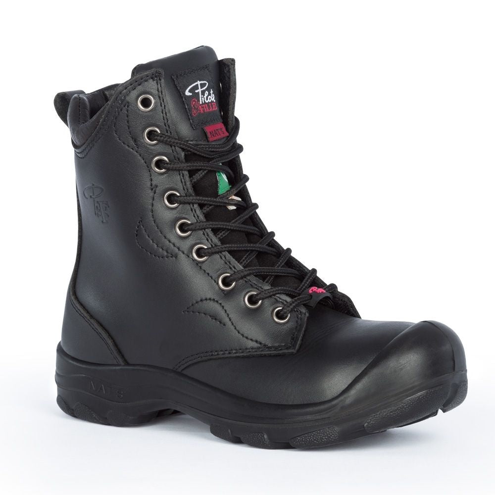 P&F S552 Women's 8 Steel Toe Leather Work Boots - Black Safety Shoes for Construction, Warehouse & Outdoor Work