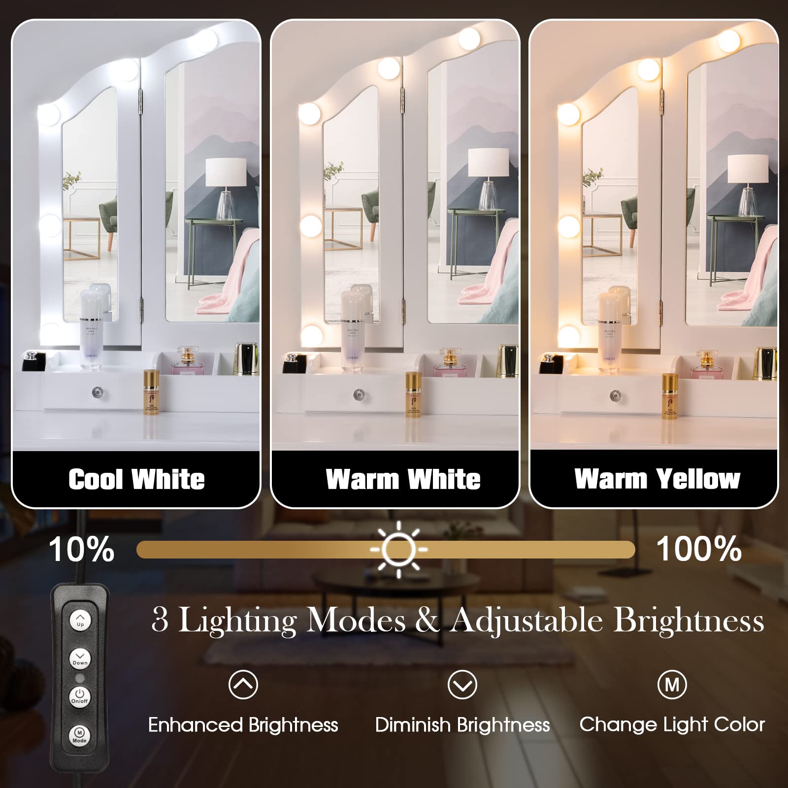 White Vanity Desk with Mirror and LED Lights - Makeup Vanity Table with Tri-Folding Mirror, Storage Drawers & Matching Chair | Perfect for Bedroom, Dressing Room & Home Beauty Salon