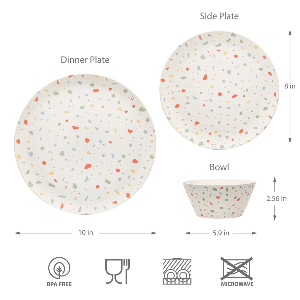 12-Piece Outdoor Dinnerware Set - Durable White Confetti Melamine Plates & Bowls for Picnics, BBQs, and Pool Parties - Shatterproof Dishware for Outdoor Dining