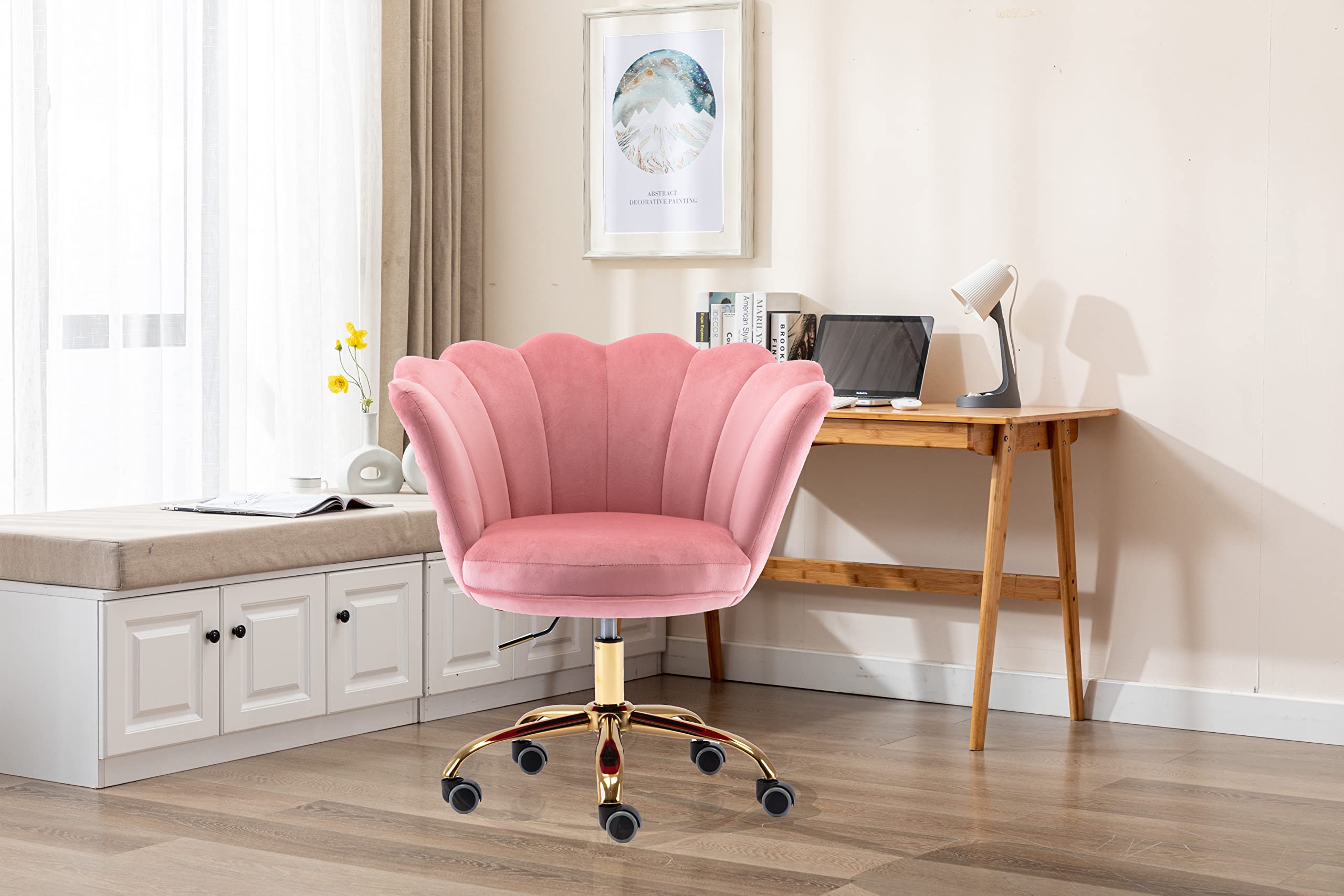 Modern Velvet Home Office Chair - Adjustable Swivel Desk Chair with Wheels for Living Room, Bedroom & Vanity Makeup Station - Soft Peach Pink Task Chair for Work, Study & Beauty Routine