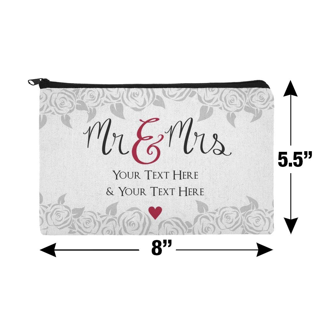 Personalized Mr and Mrs Wedding Makeup Bag - Custom 2 Lines Engraved Cosmetic Pouch Organizer for Bridal Shower, Honeymoon & Travel Essentials