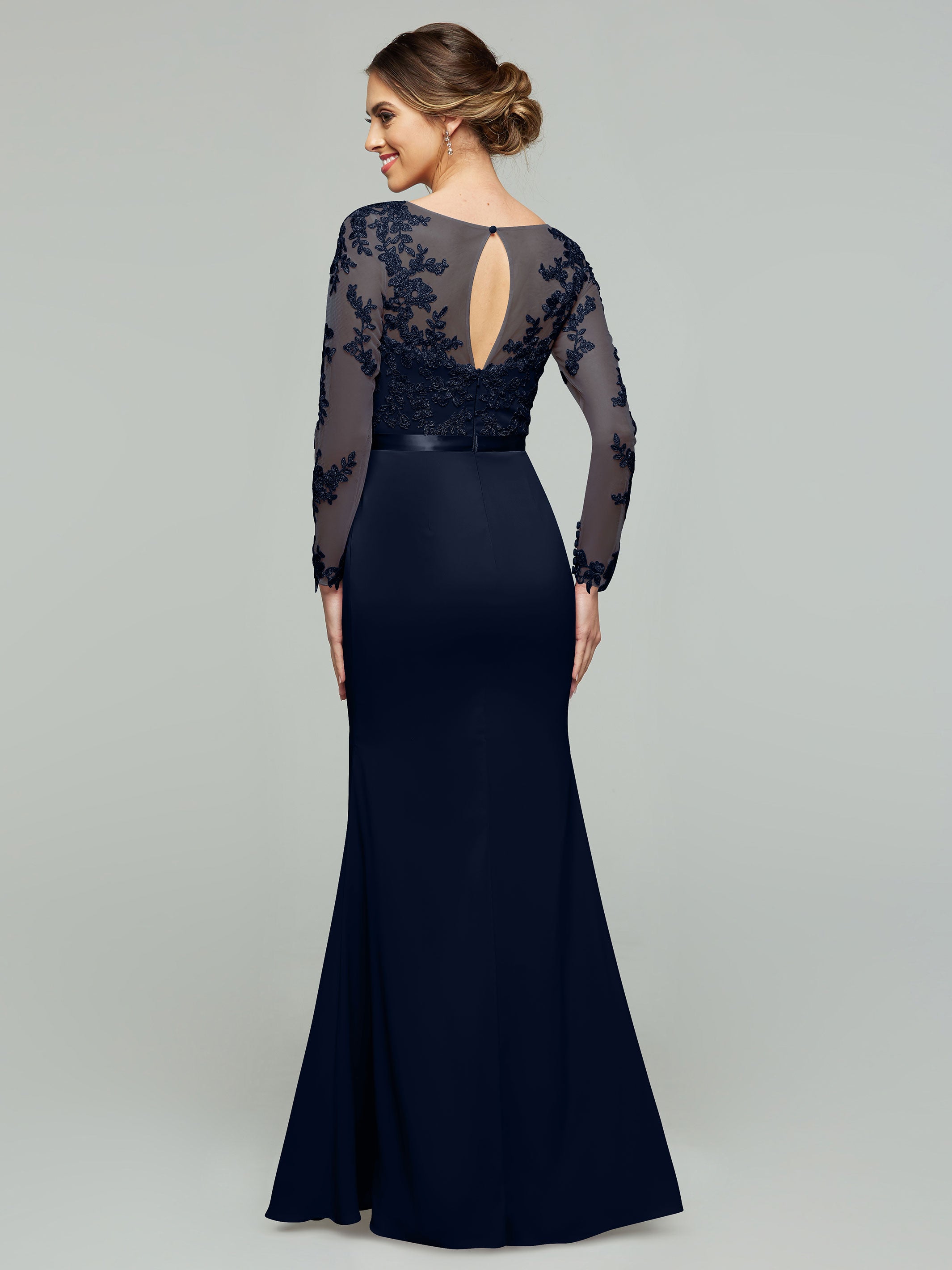 Elegant 80190 Chiffon & Lace Mermaid Bridesmaid Dress with Illusion Long Sleeves - Perfect for Weddings, Proms & Formal Events