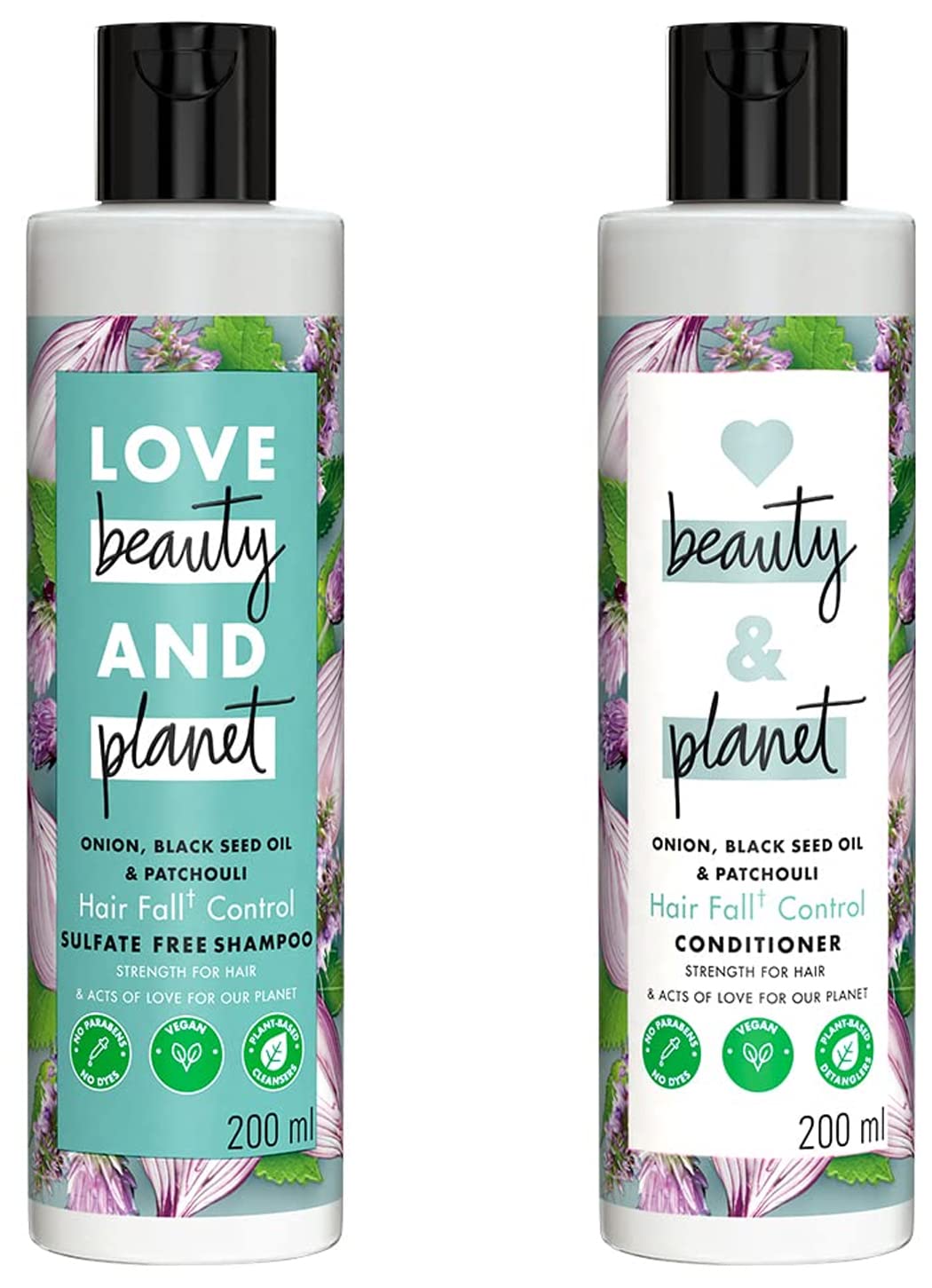 Love Beauty & Planet Onion Oil, Black Seed Oil & Patchouli Hair Fall Control Shampoo & Conditioner Set (200ml) - Paraben & Dye Free with Essential Oils for Thicker, Stronger Hair - Perfect for Daily Hair Care & Scalp Nourishment