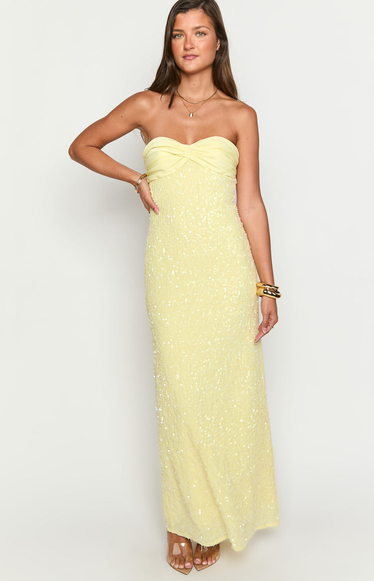 Sparkling Ashley Yellow Sequin Strapless Maxi Dress for Women - Elegant Evening Gown for Prom, Party & Special Occasions