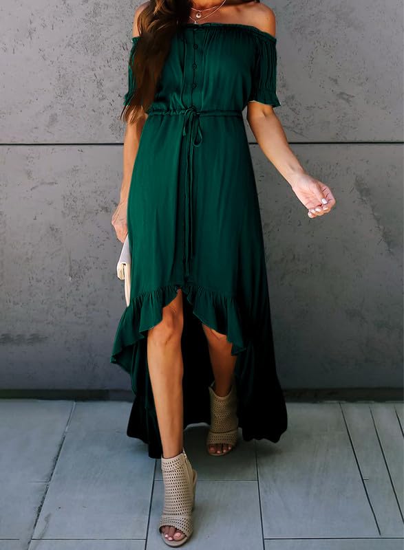 Dokotoo Women's 2025 Off Shoulder Casual Short Sleeve Maxi Dress - High Low Solid Cocktail Skater Dress for Summer Beach Party, Wedding Guest & Date Night