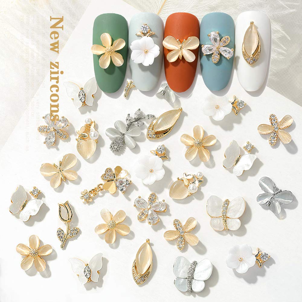 Premium HNUIX 3D Nail Charms - 15pcs Gold & Copper Zircon Rhinestones, Butterfly Jewelry Charms for Nail Art | Perfect for DIY Manicures, Bridal Nails & Party Glam
