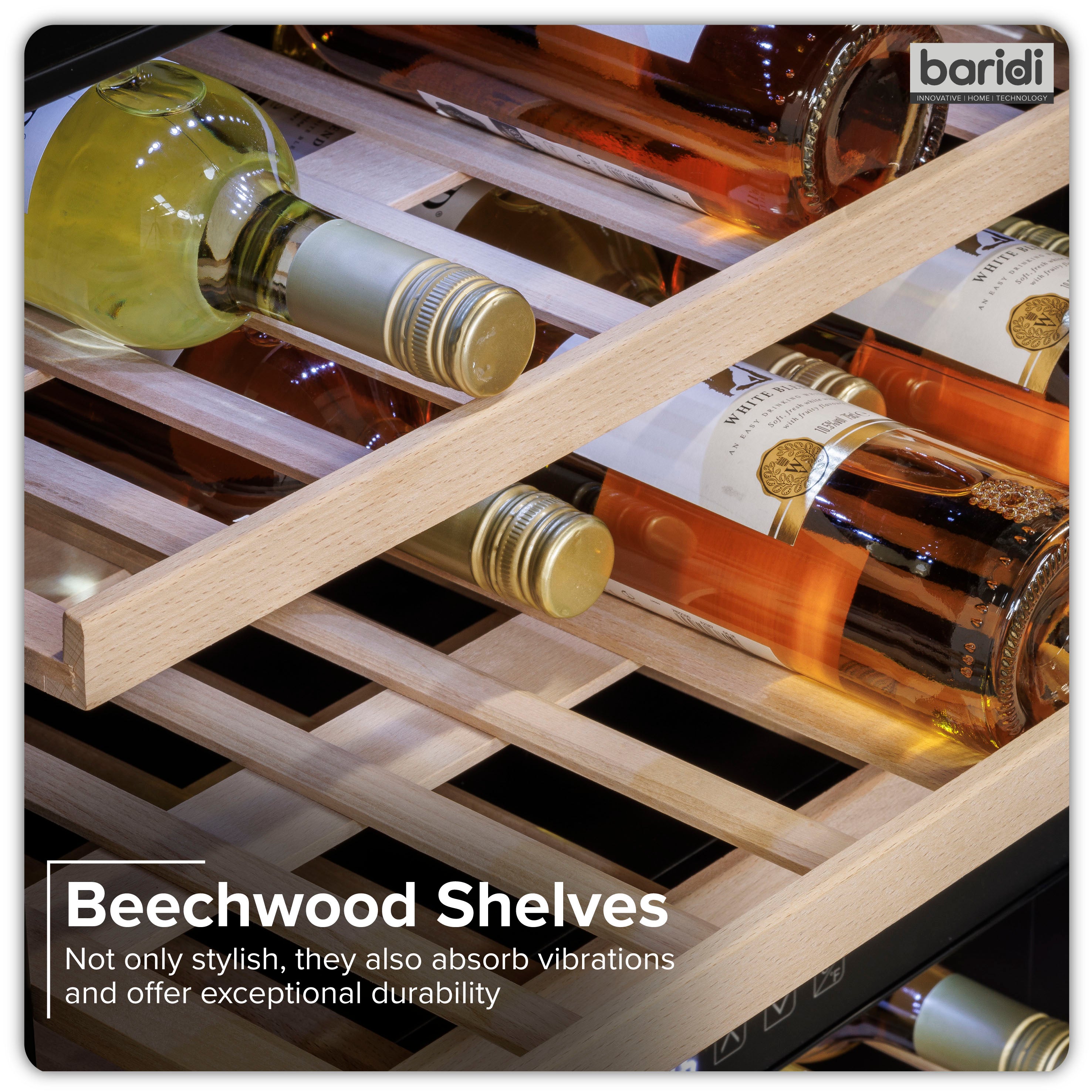 Baridi 60cm Built-In 57 Bottle Dual Zone Wine Cooler with Beech Wood Shelves - Black (DH118) | Perfect for Home Bars, Restaurants & Wine Cellars | Energy Efficient Wine Refrigerator for Optimal Storage