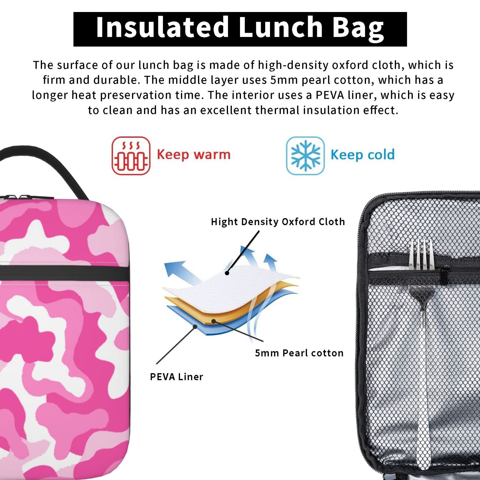 Pink Camo Insulated Lunch Box for Kids Girls - Thermal Cooler Lunch Bag Tote for School, Picnic & Outdoor Activities