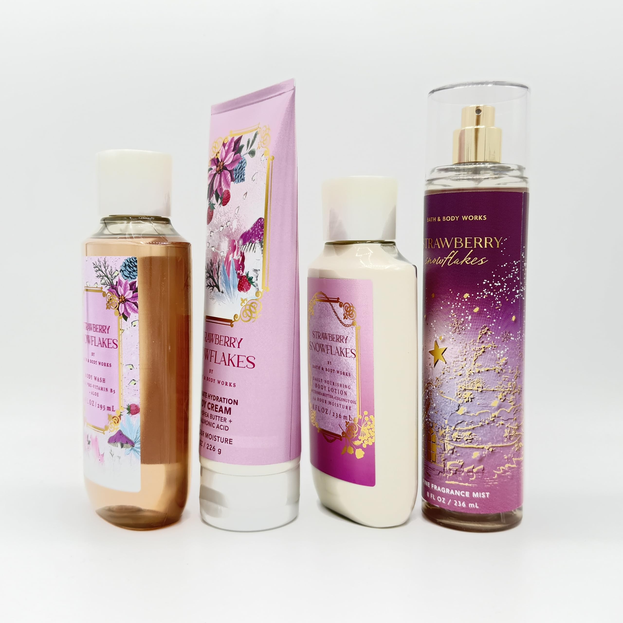 Strawberry Snowflakes 4-Piece Bath & Body Gift Set - Hydrating Body Wash, Ultra Moisturizing Cream, Nourishing Lotion & Fragrance Mist | Perfect for Self-Care, Spa Days & Gift Giving