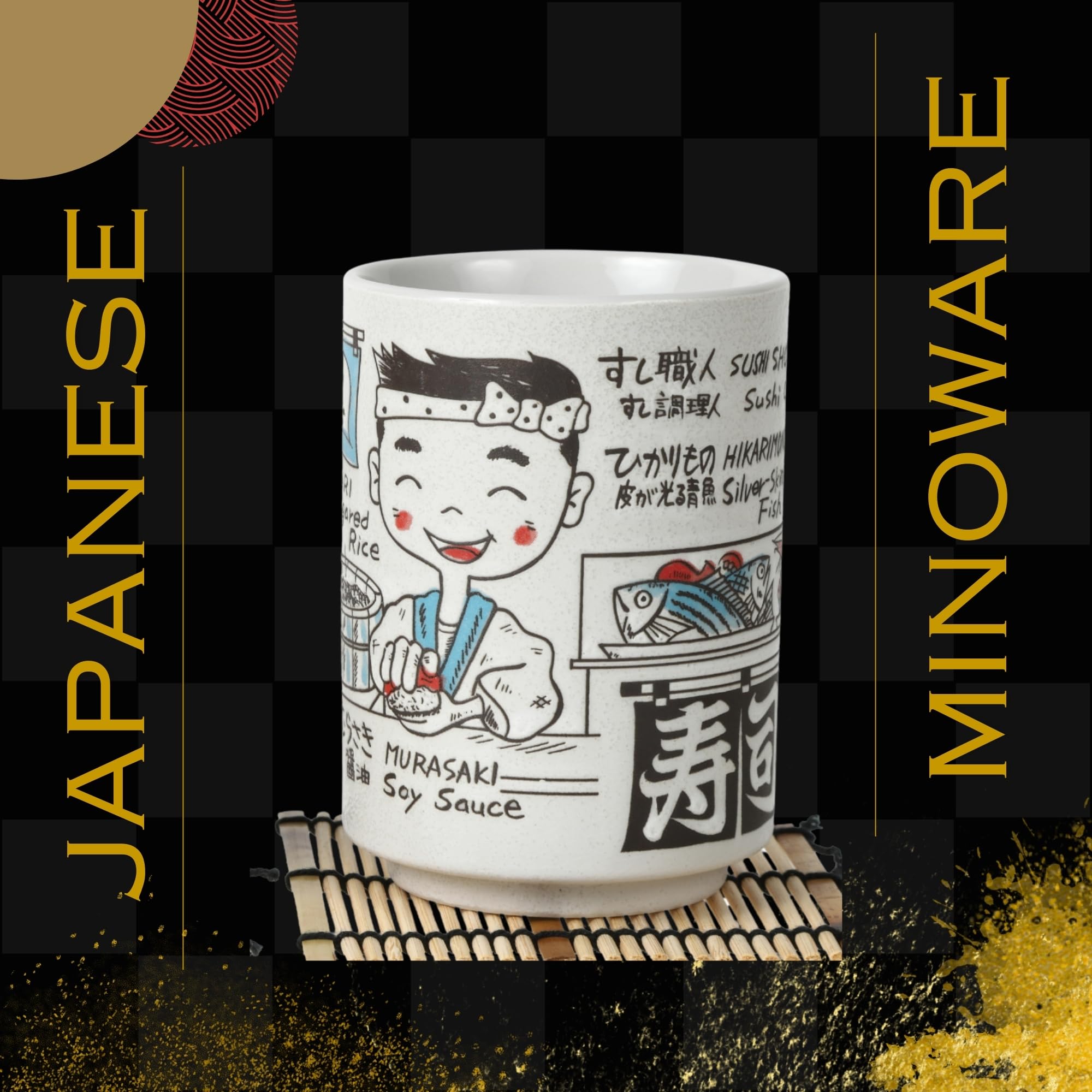 Premium Japanese Tea Cups Set of 2 - Authentic Sushi-Yunomi Mino Ware Ceramic Cups with Bamboo Coaster - Perfect for Sushi Restaurants, Tea Ceremonies & Asian Home Decor