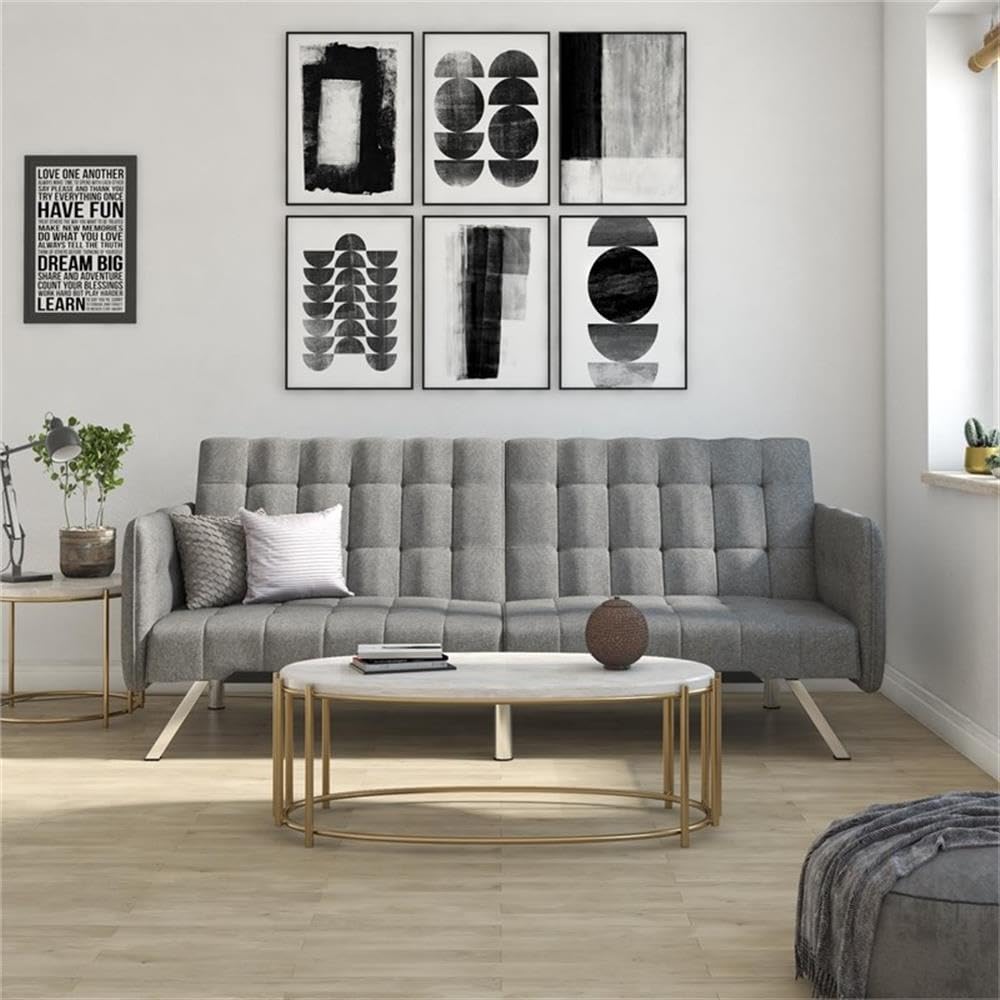 Pemberly Row Convertible Futon Sofa Bed - Grey Linen Upholstery | Space-Saving Sleeper for Small Apartments, Guest Rooms & Home Offices