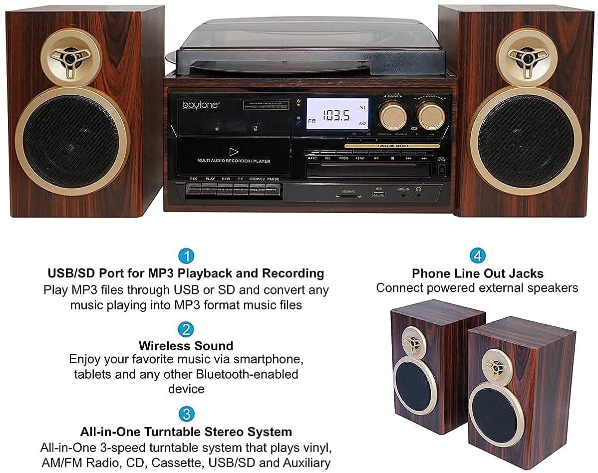 Boytone BT-28SPM 复古蓝牙黑胶唱机 - 带AM/FM收音机、CD/磁带播放器、独立立体声扬声器，支持黑胶、收音机、磁带转录，认证翻新，适合家庭娱乐和复古音乐爱好者