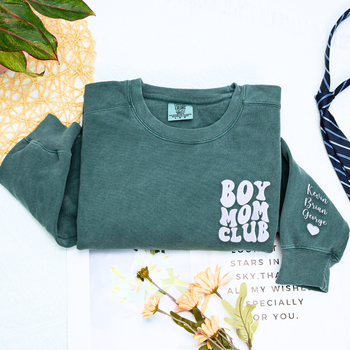 Custom Embroidered Boy Mom Club Sweatshirt & T-Shirt with Kids Names on Sleeve - Perfect for Family Matching Outfits, Mother's Day Gifts & Proud Mom Apparel