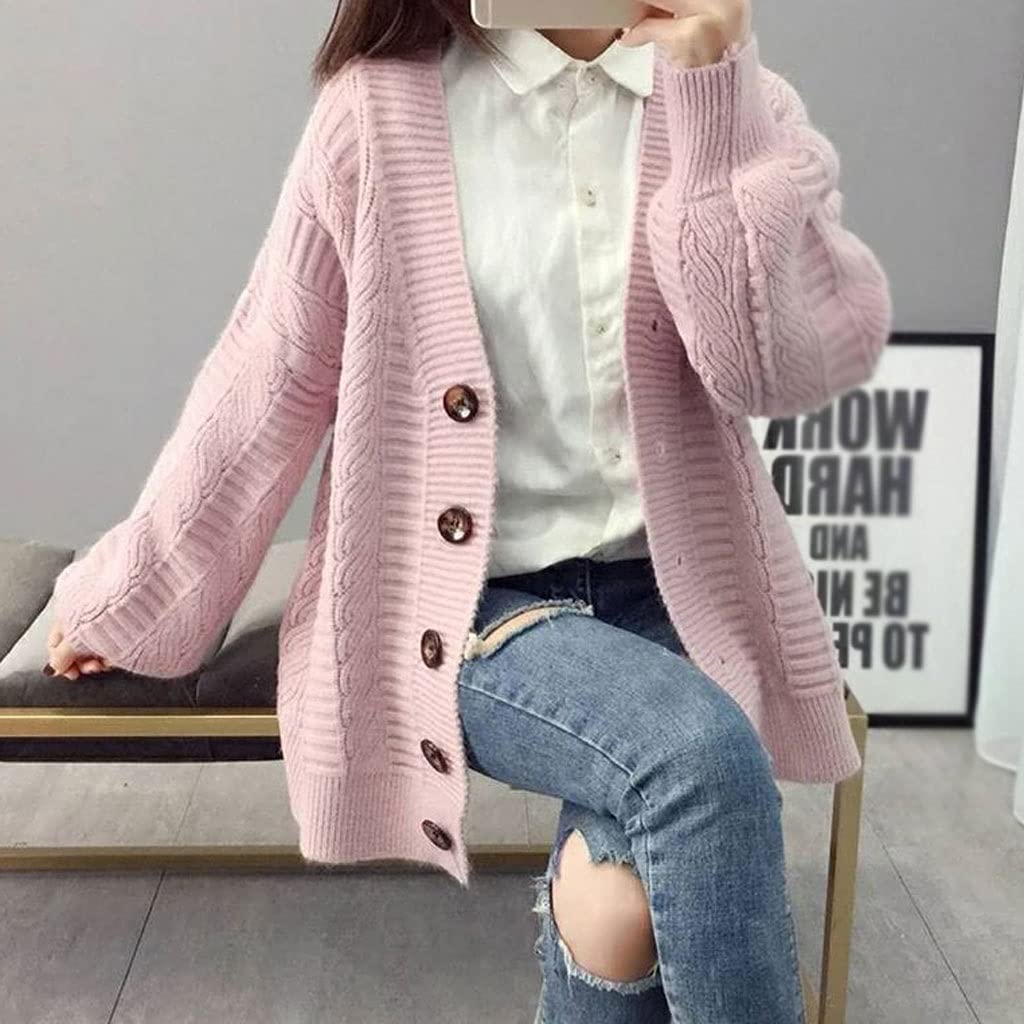 EEKLSJ Women's Wool Knit Sweater Jacket - Loose Fit Long Sleeve Fashion Top for Spring & Autumn (Pink, Size S) | Casual Outwear, Office Wear, Weekend Outfits